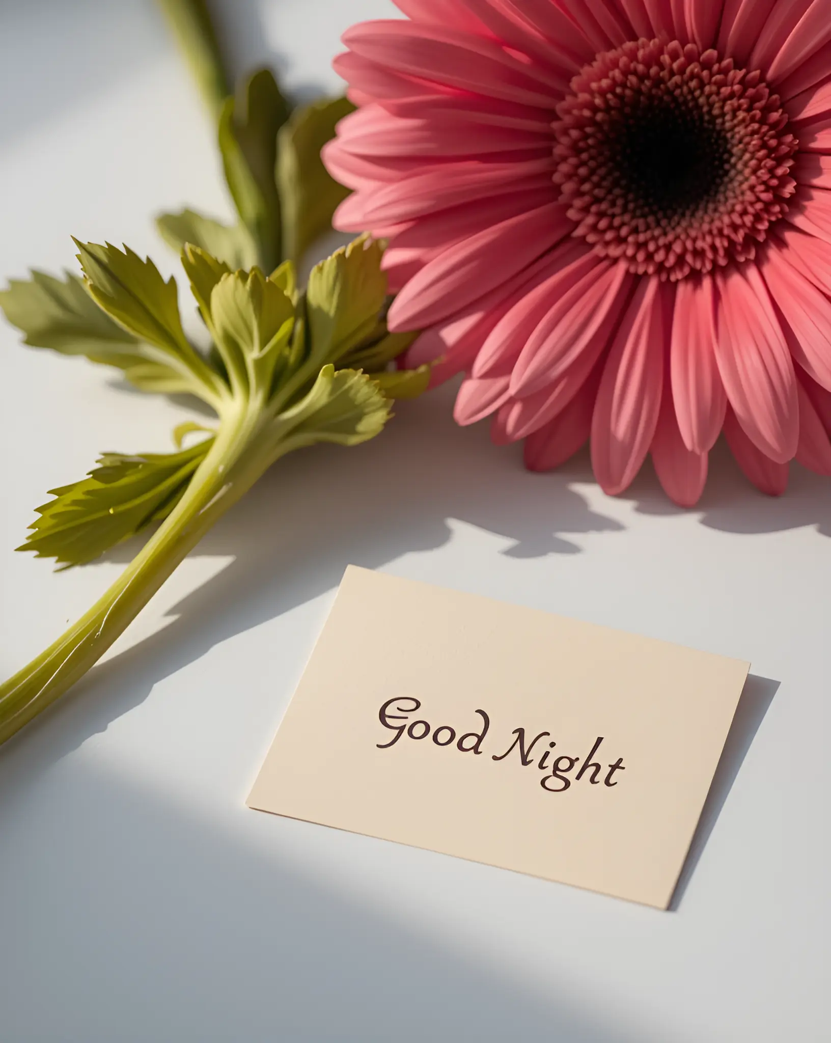 Pink Flower with Good Night Card in a Minimalistic Setting