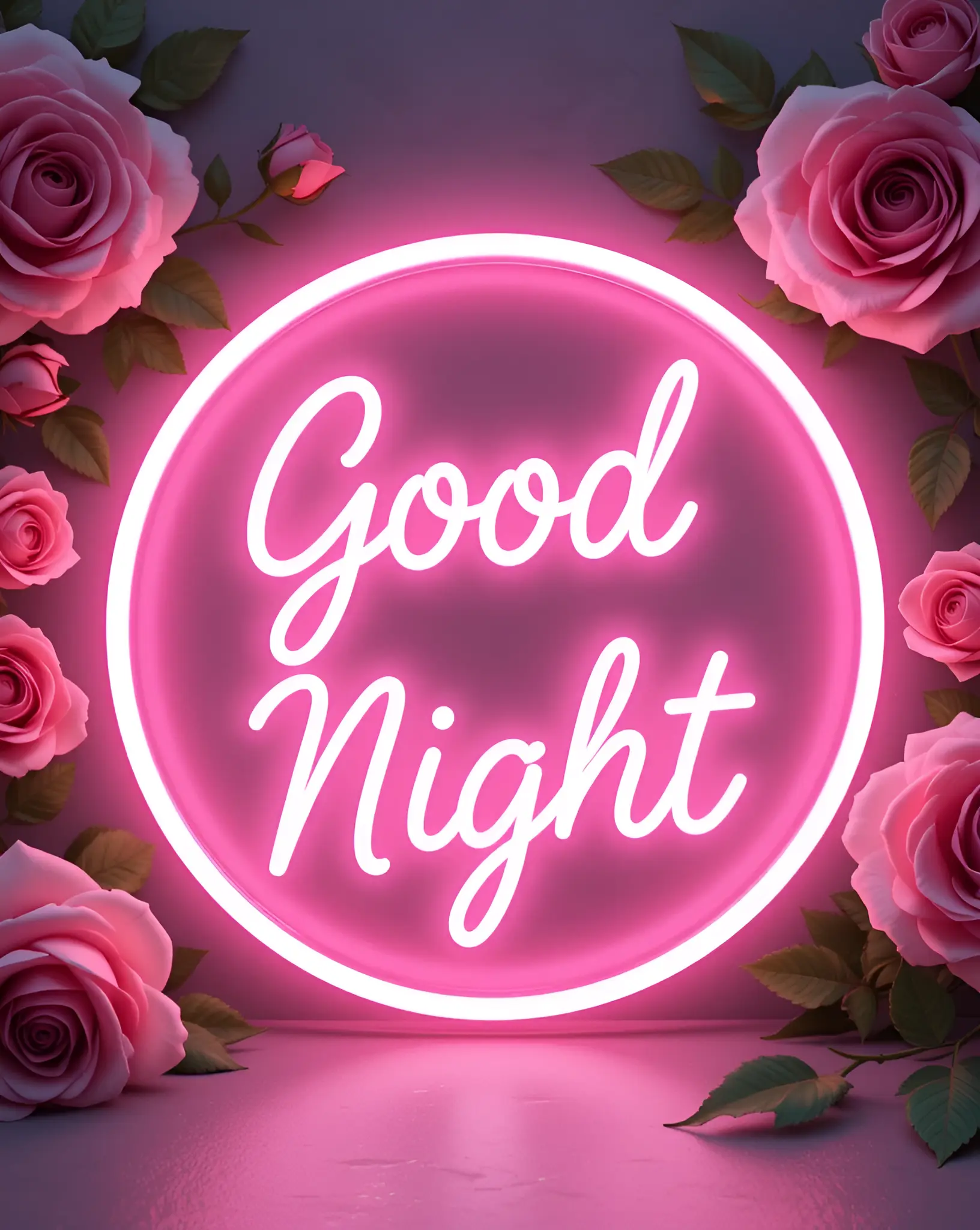 Pink Neon Good Night Sign with Roses and Romantic Design Elements