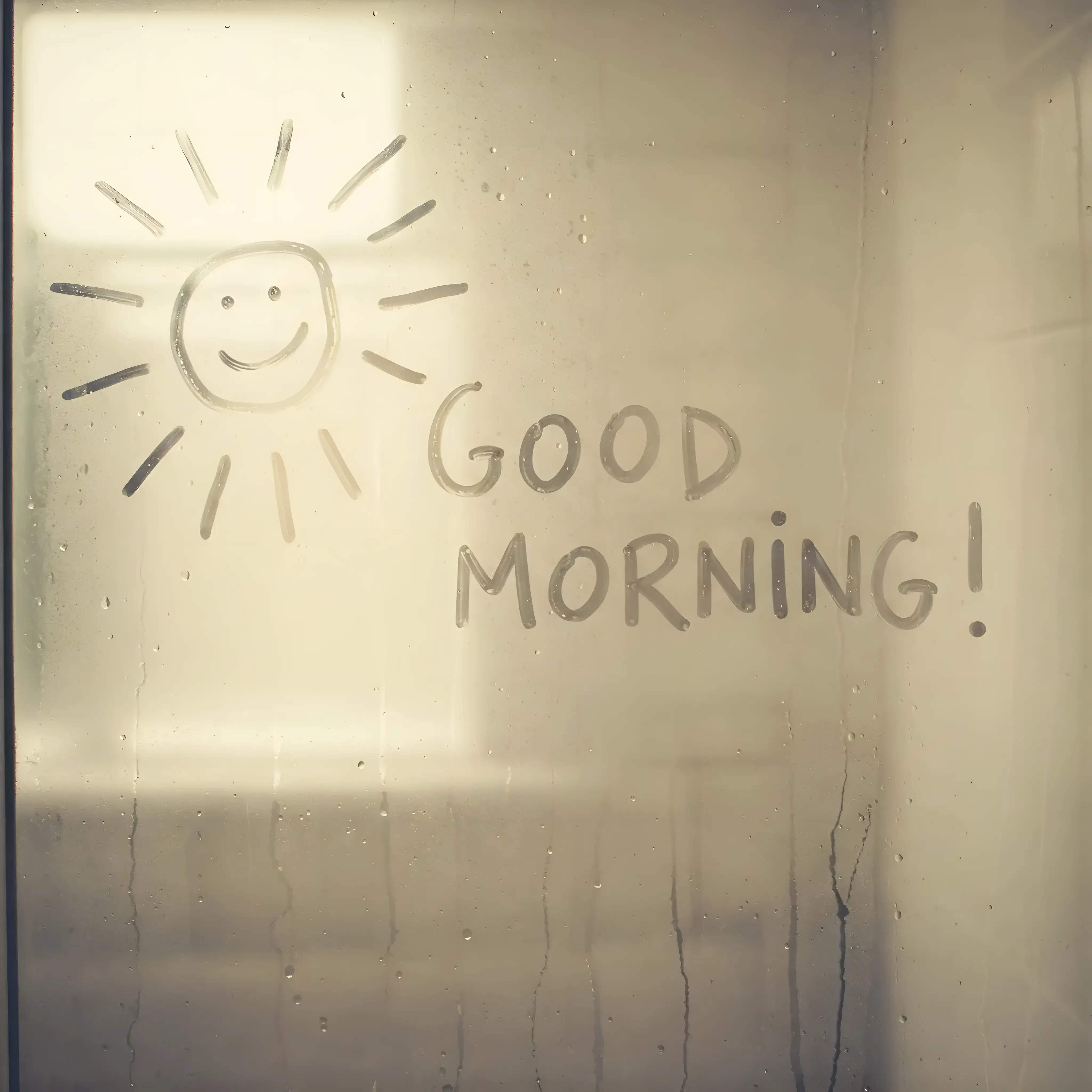 Steamy Mirror with Handwritten Morning Message and a Cheerful Sun Drawing