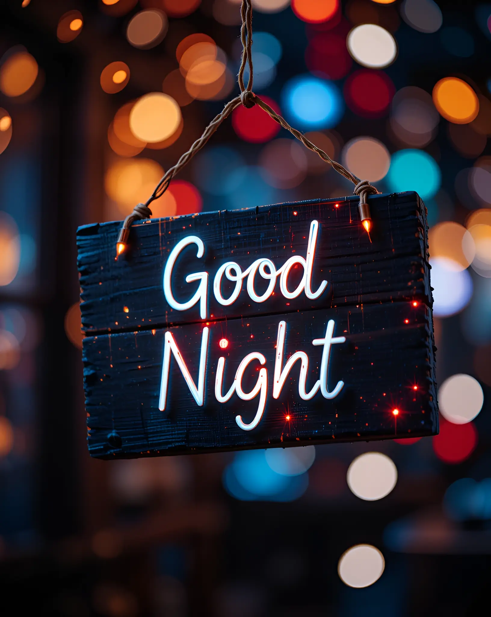 Illuminated Wooden Sign with 'Good Night' Message and Colorful Bokeh Lights