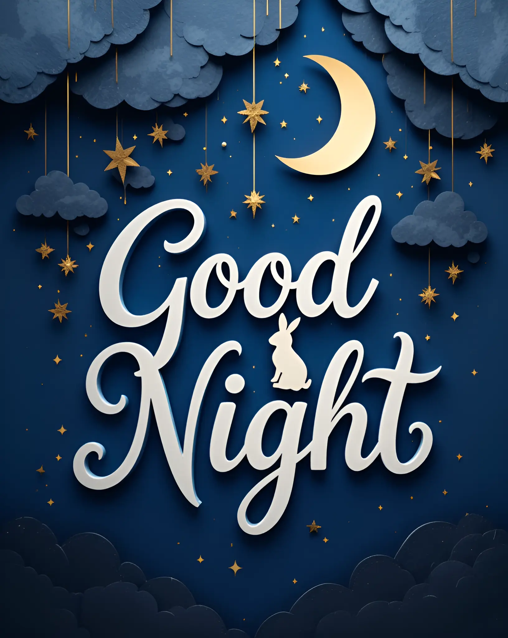 Good Night Scene with Moon and Stars in Blue and Gold Art