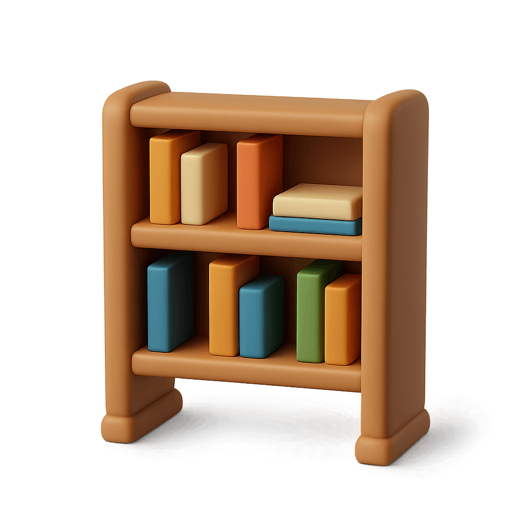 3D Wooden Bookshelf with Colorful Books