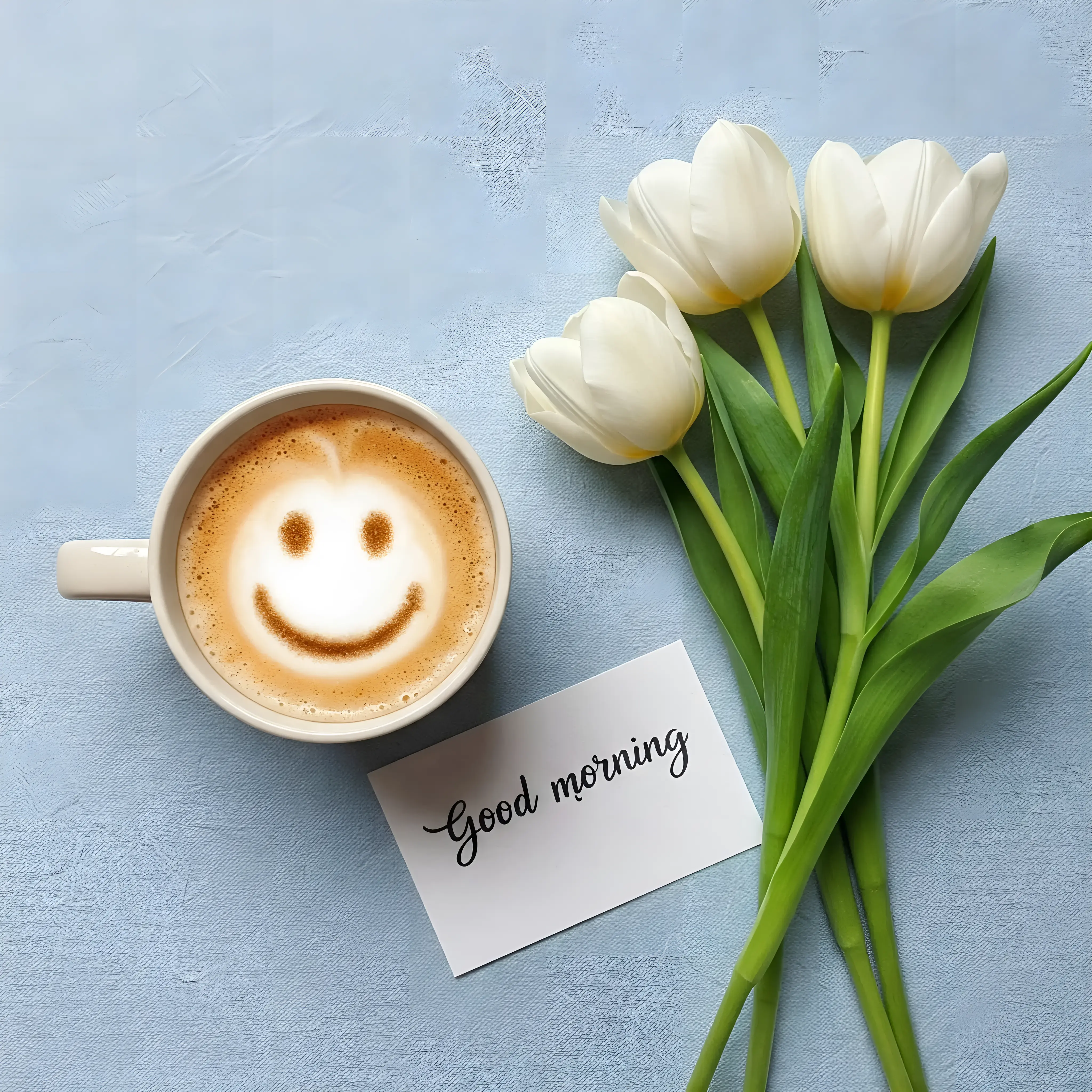 Morning Coffee With Smiley Foam, Tulips, and Good Morning Card on Blue