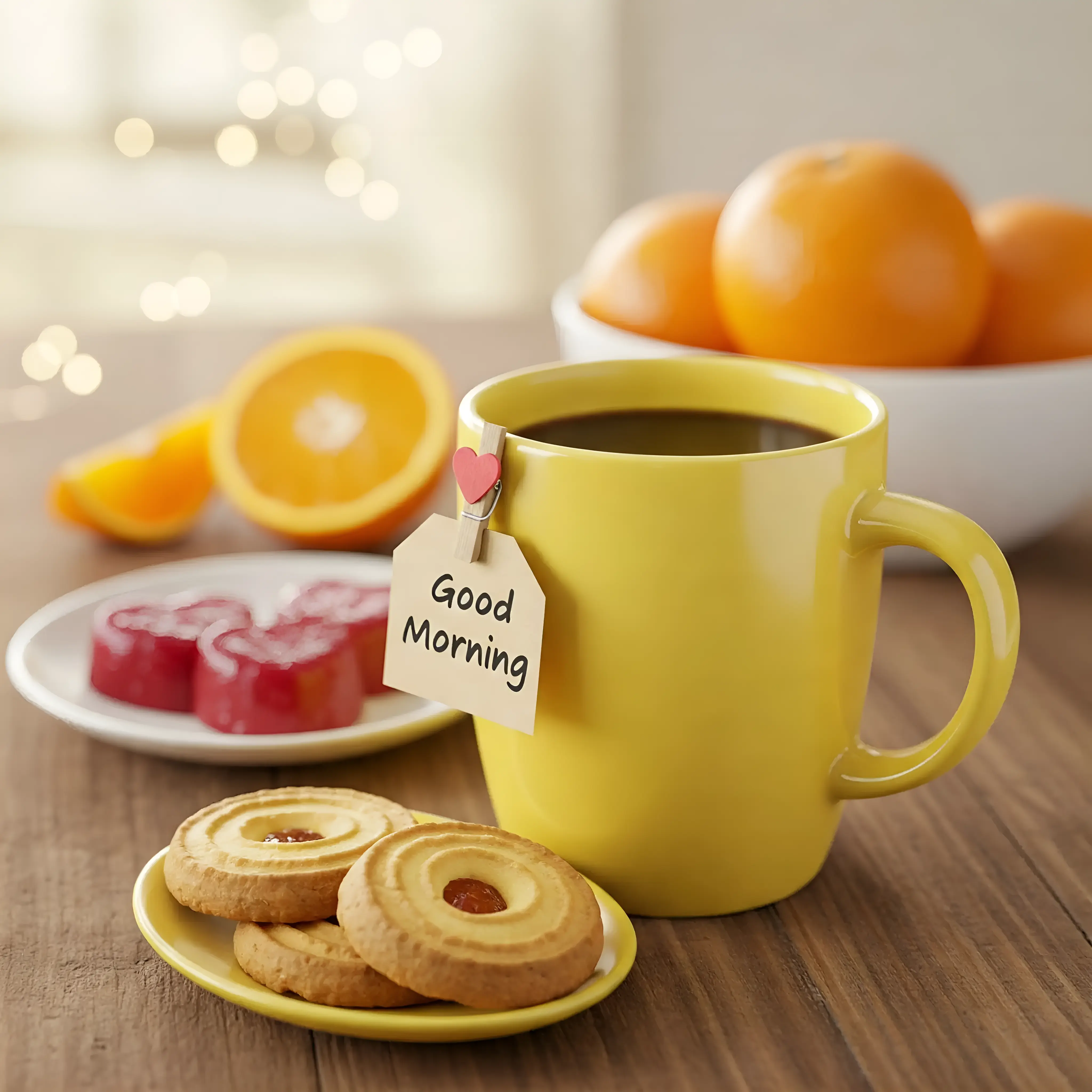 Bright Morning Breakfast with Coffee, Biscuits, and Fresh Oranges on a Wood Table