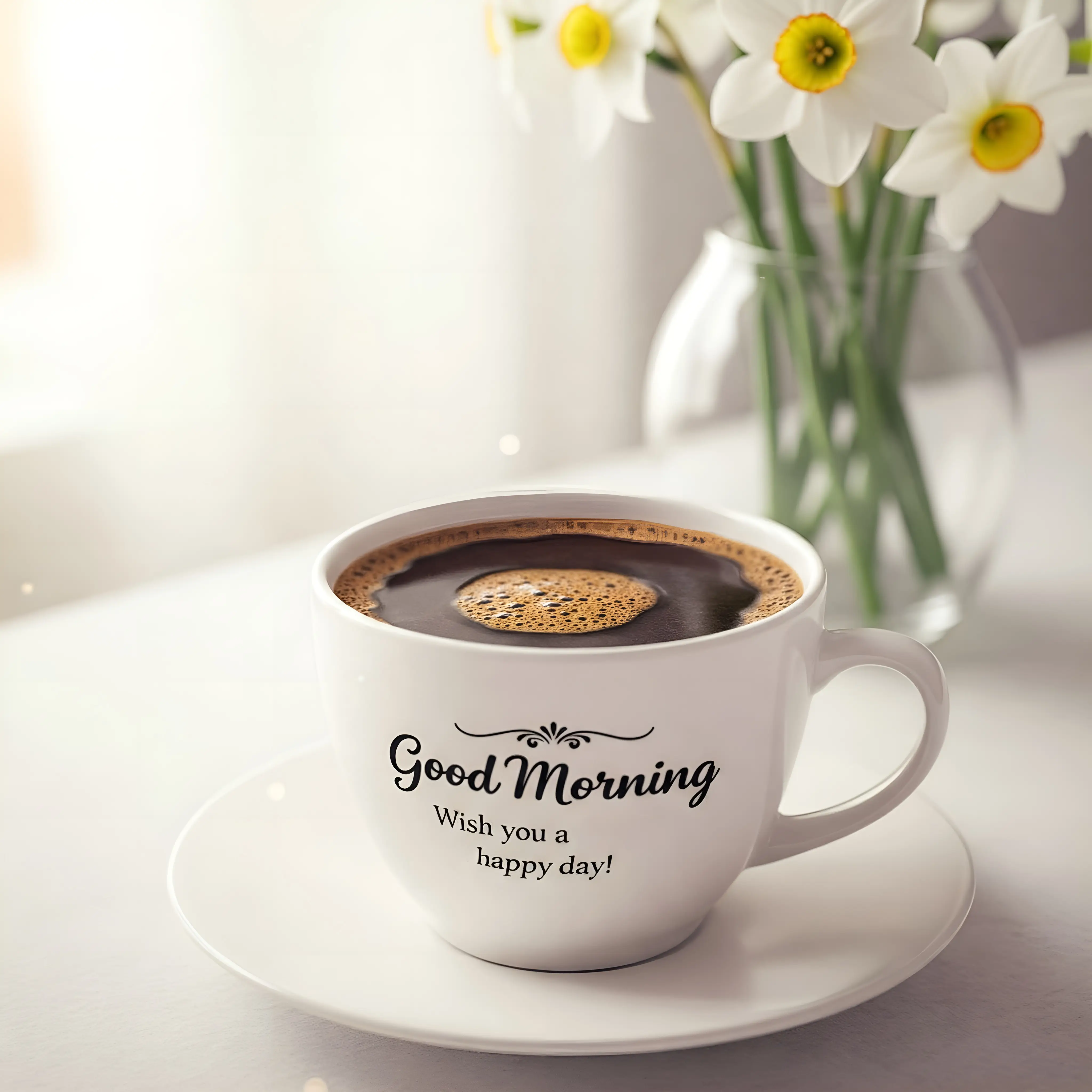 Coffee Cup with Morning Greeting and White Flowers on Table