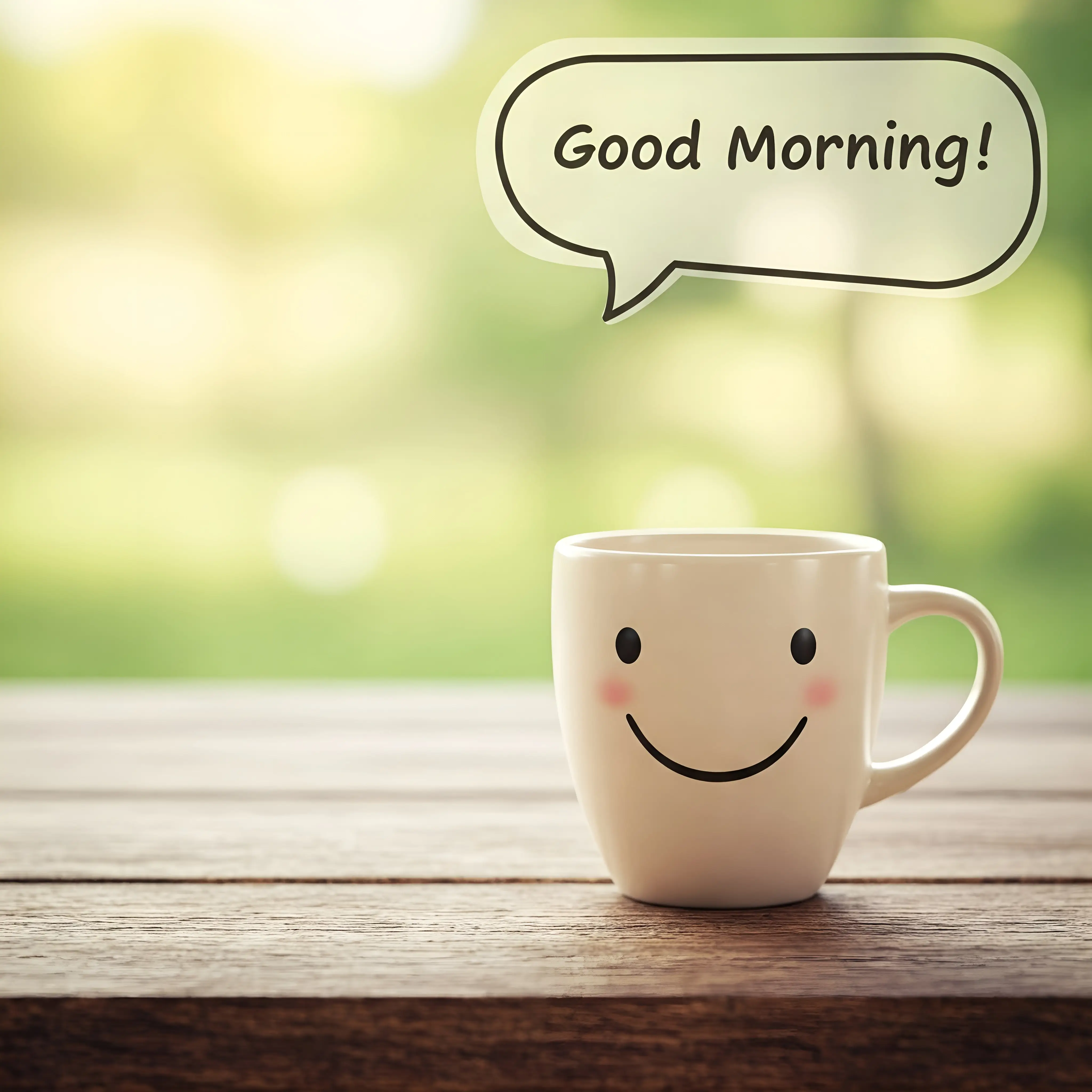 Smiling Coffee Cup with Good Morning Text on Wooden Table
