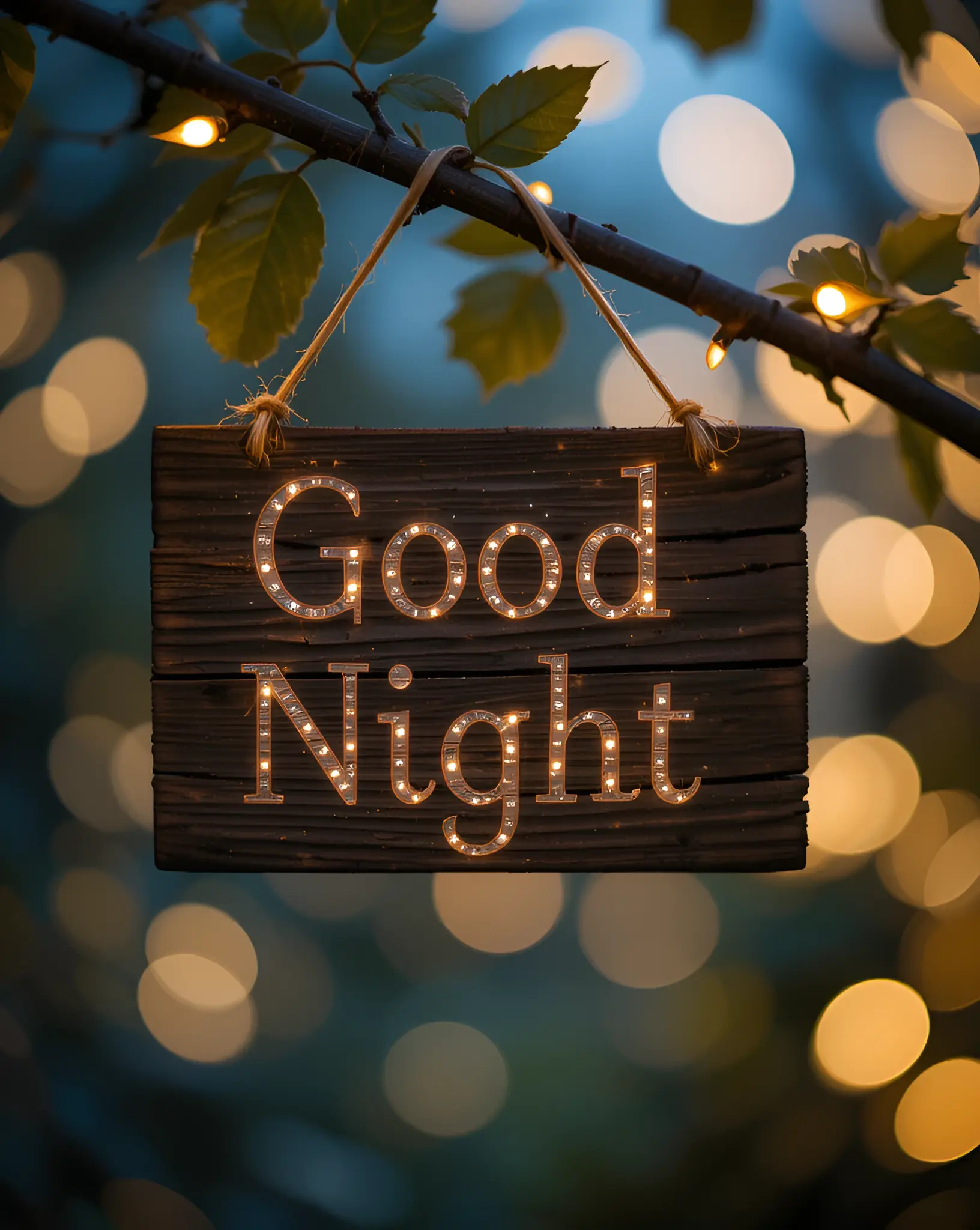 Wooden Good Night Sign Hanging on Tree Branch With Twinkling Lights