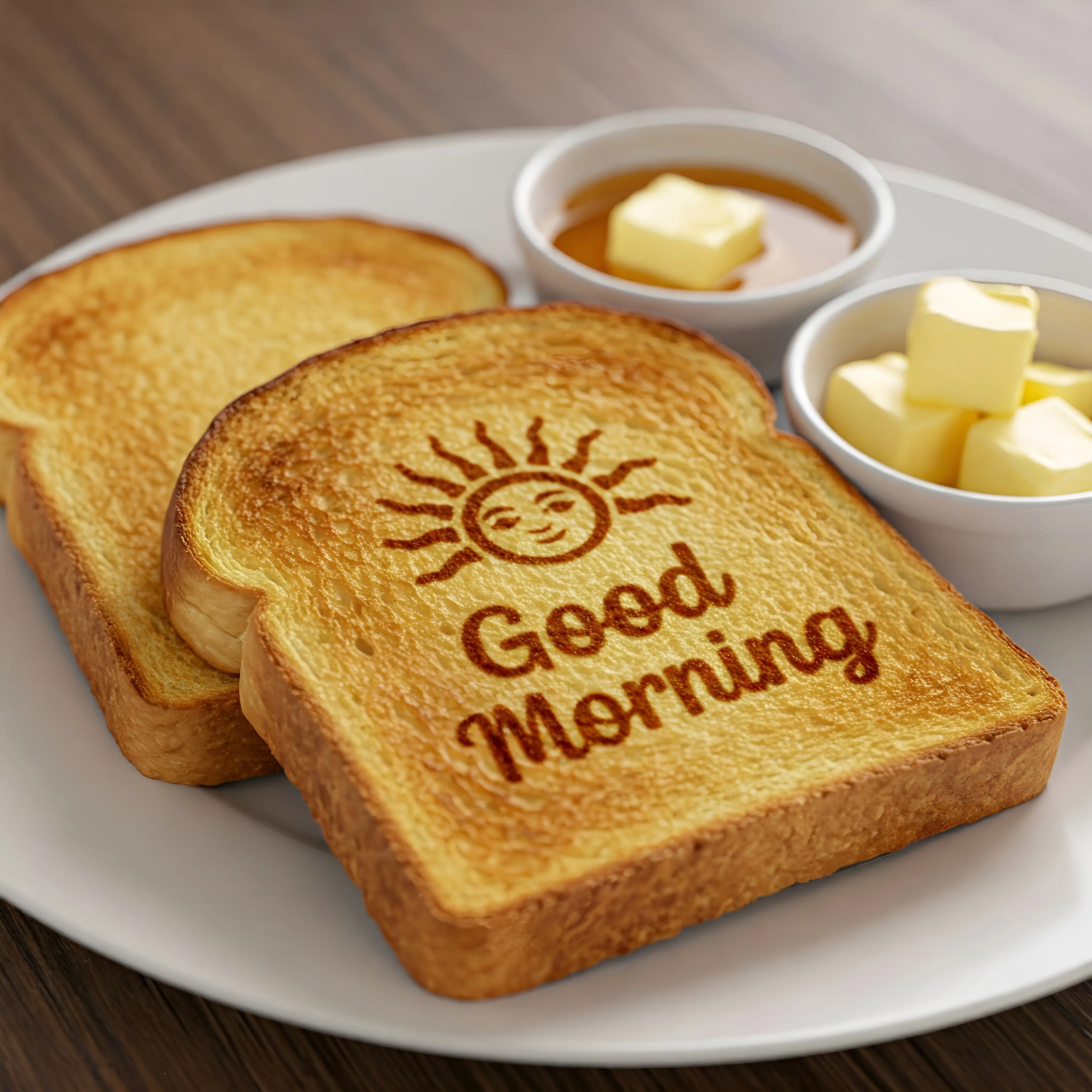 Good Morning Toast with Decorative Design Served Alongside Butter and Honey