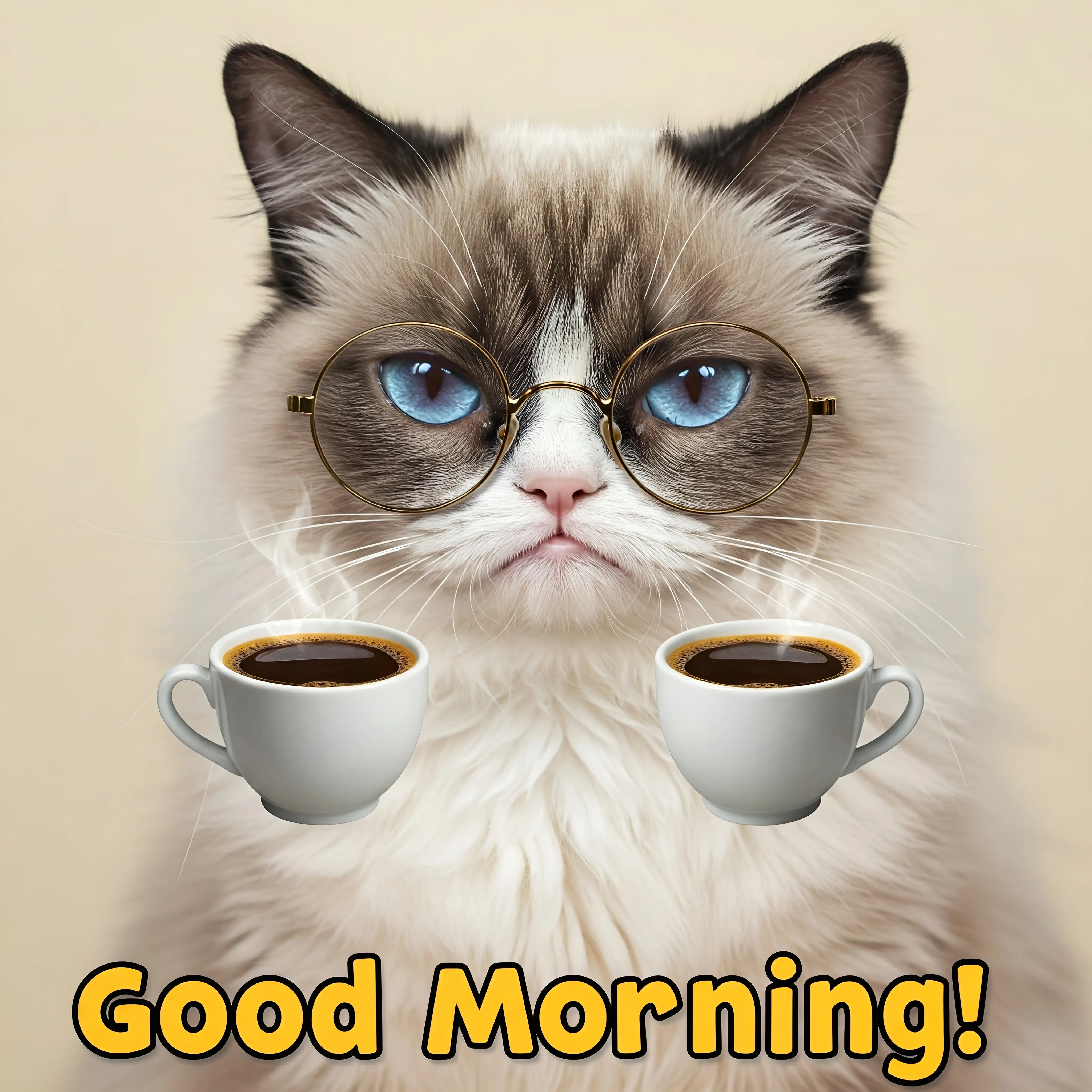 Grumpy Cat with Glasses Holding Coffee Cups - Morning Humor Concept