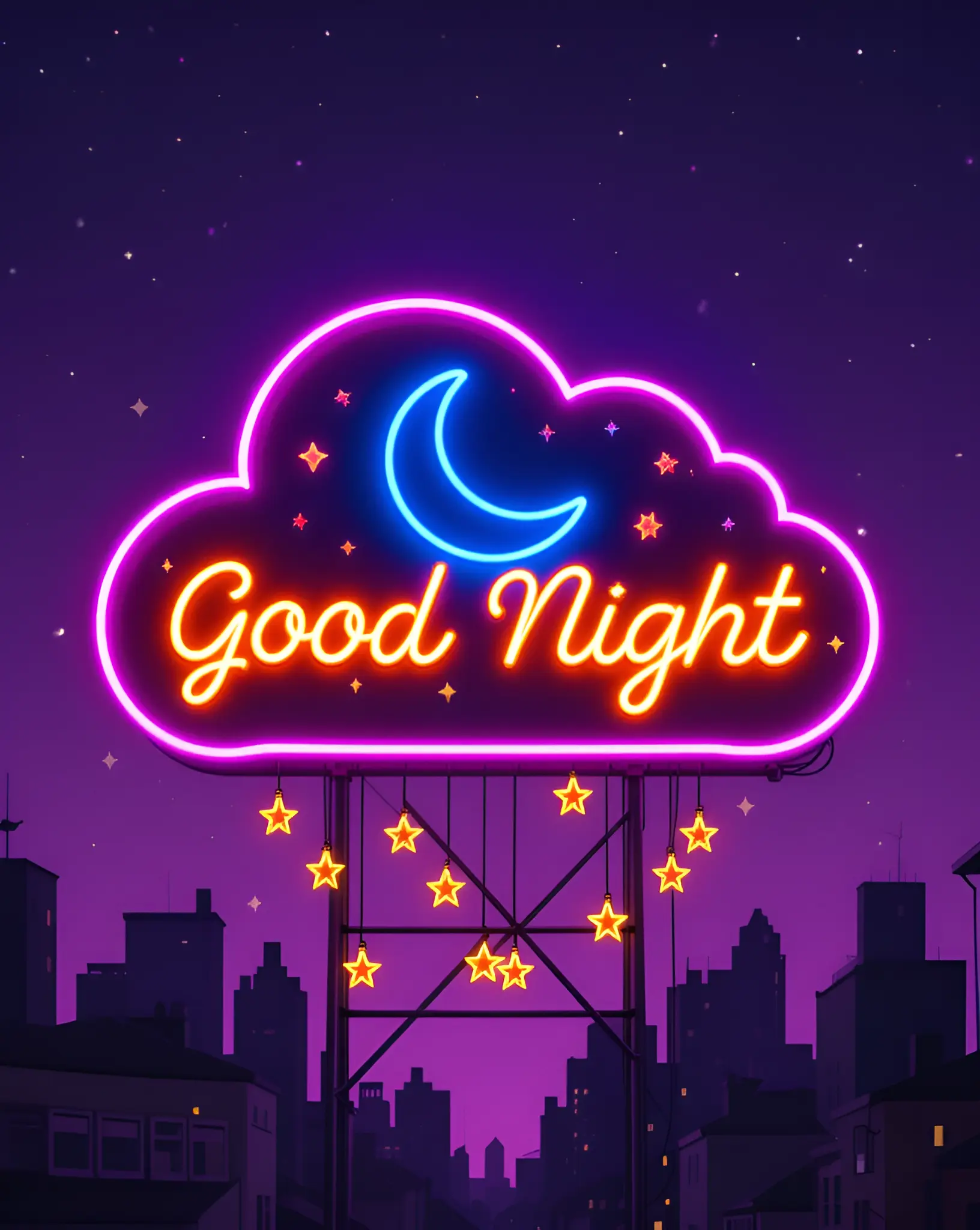 Neon Good Night Sign With Stars Over a City Skyline