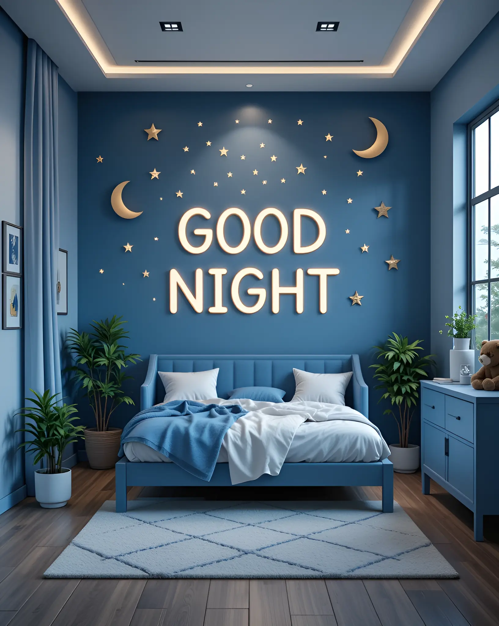 Cozy Bedroom Interior with Moon and Stars Glow Decoration for Good Night