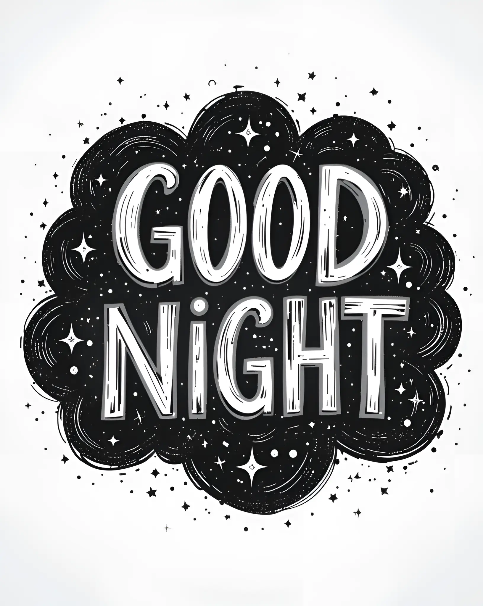 Good Night Text Illustration with Decorative Stars and Cloud Design