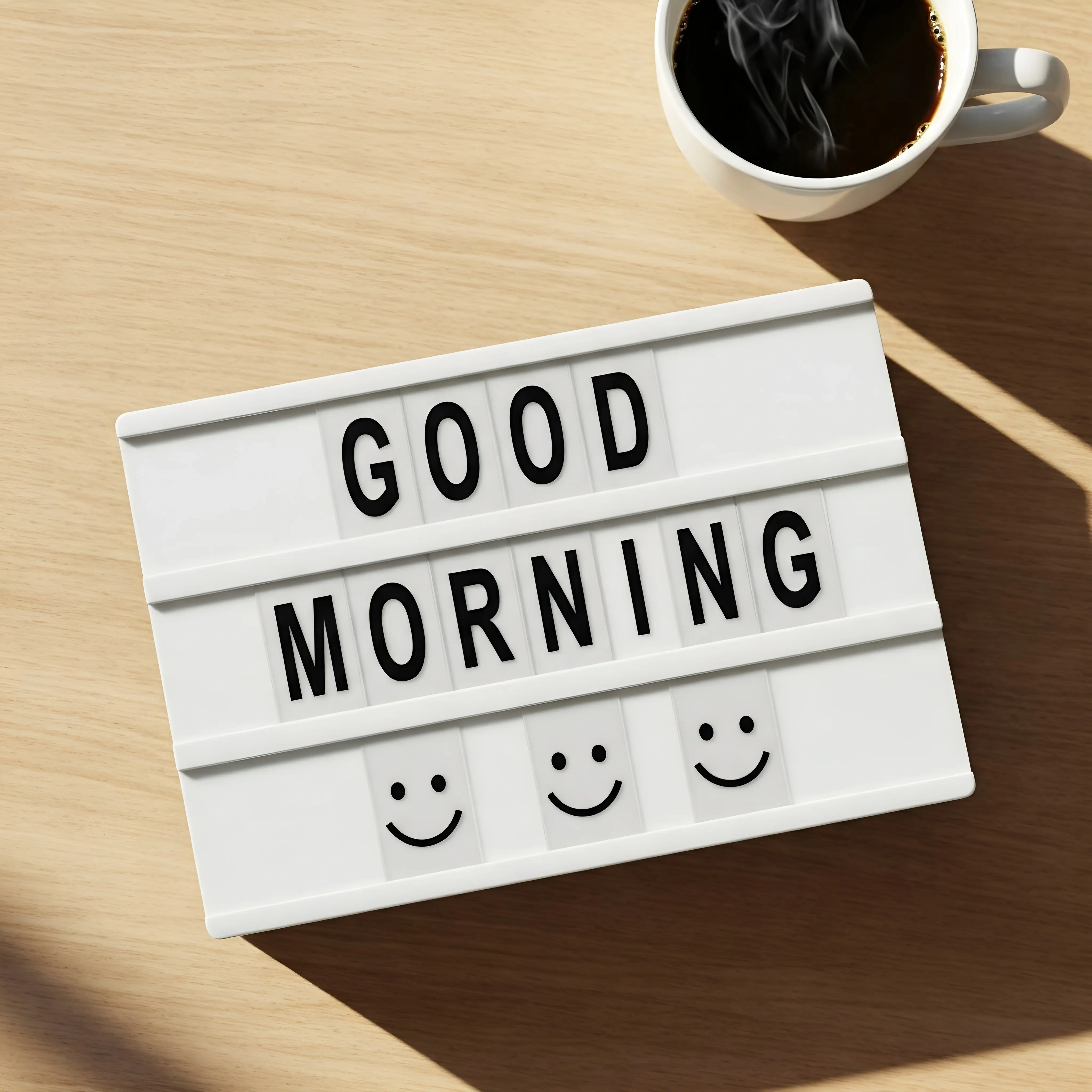 Lightbox Displaying Good Morning Greeting with Coffee Cup on a Table