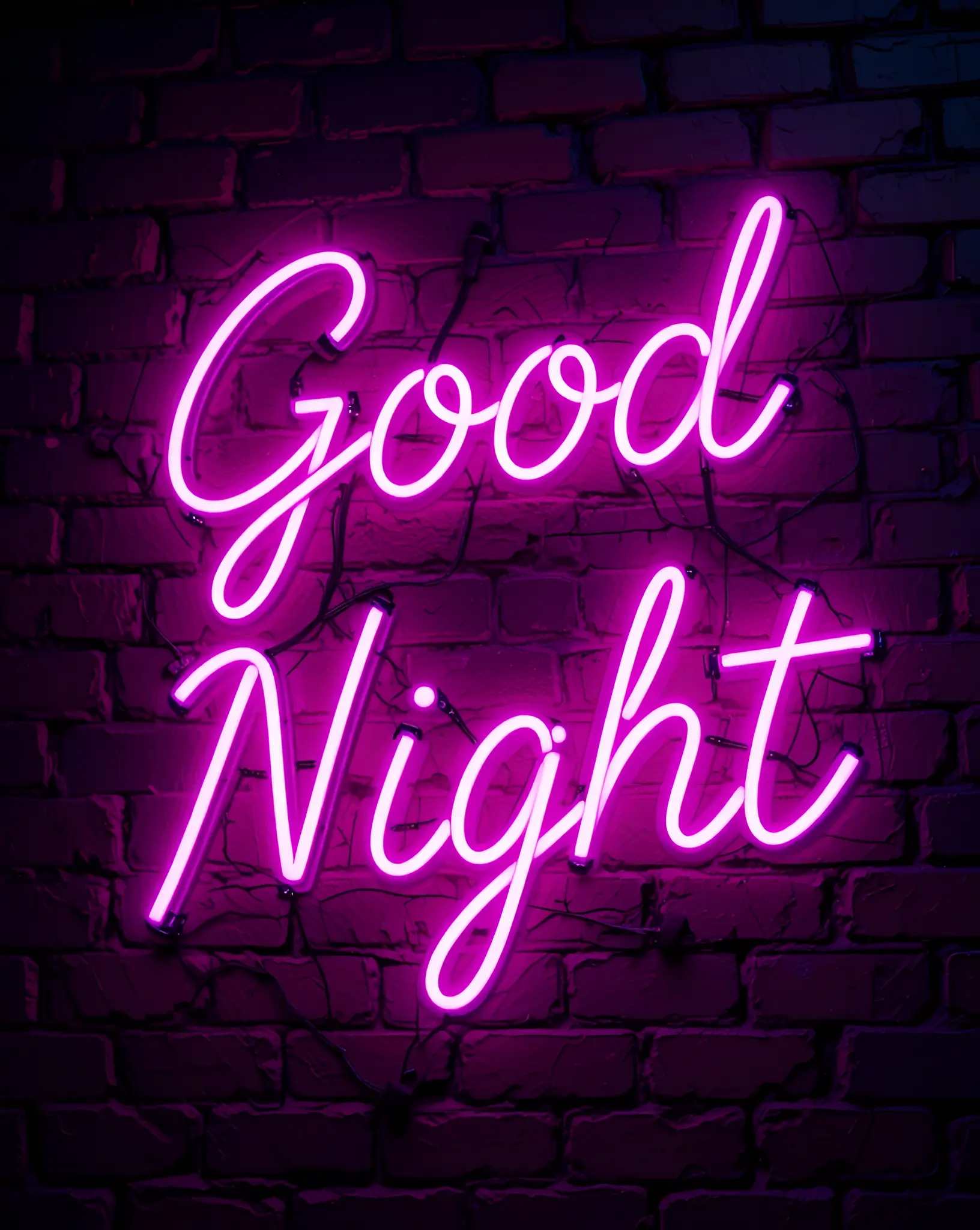Good Night Neon Sign With Bright Pink Glow on Brick Wall