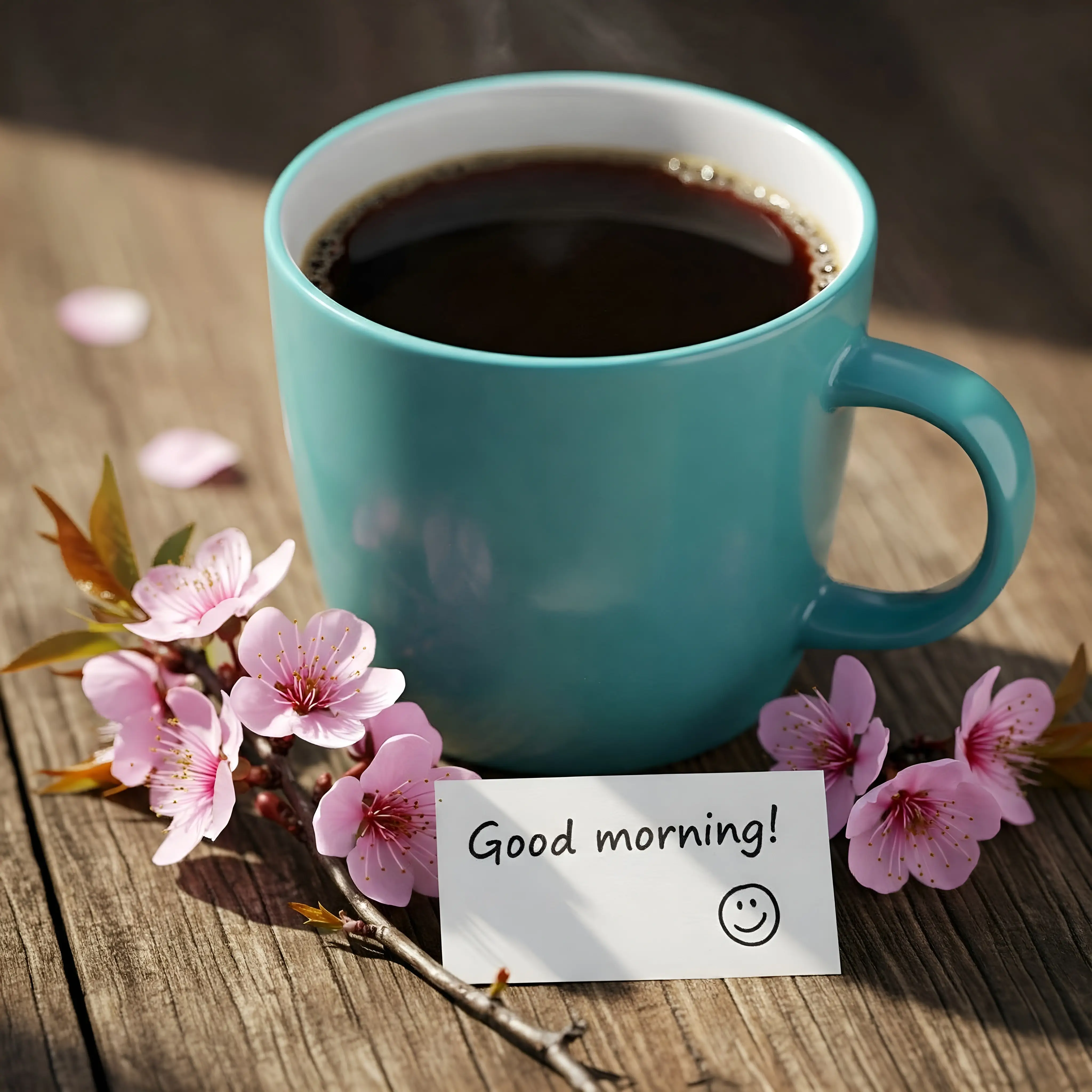 Morning Coffee with Blossoms and a Cheerful Greeting Note