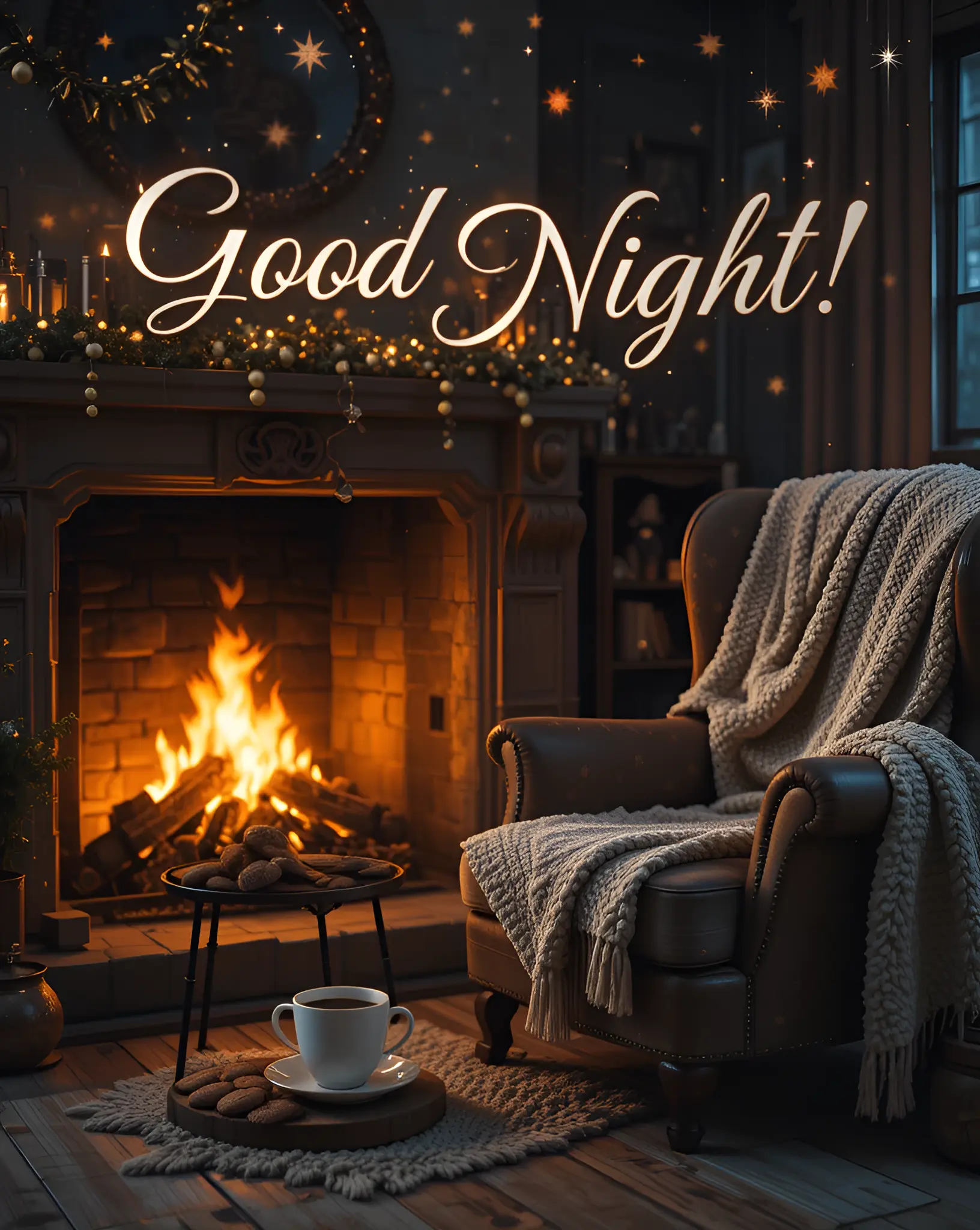 Cozy Firelit Room with Comfortable Chair and Good Night Message