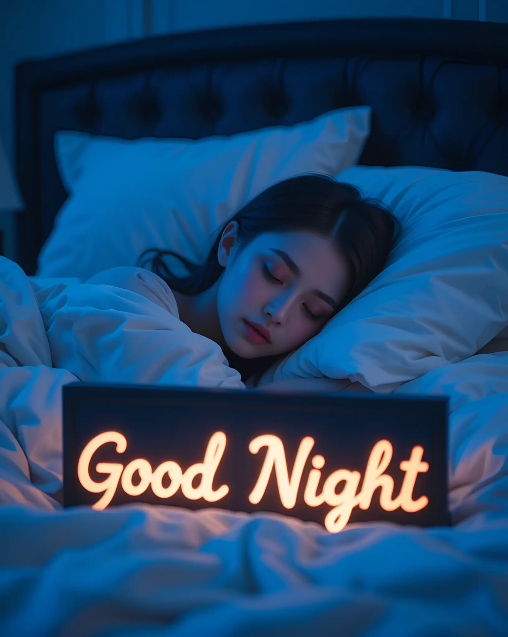 Peaceful Bedroom Scene Featuring a Sleeping Individual and a 'Good Night' Sign