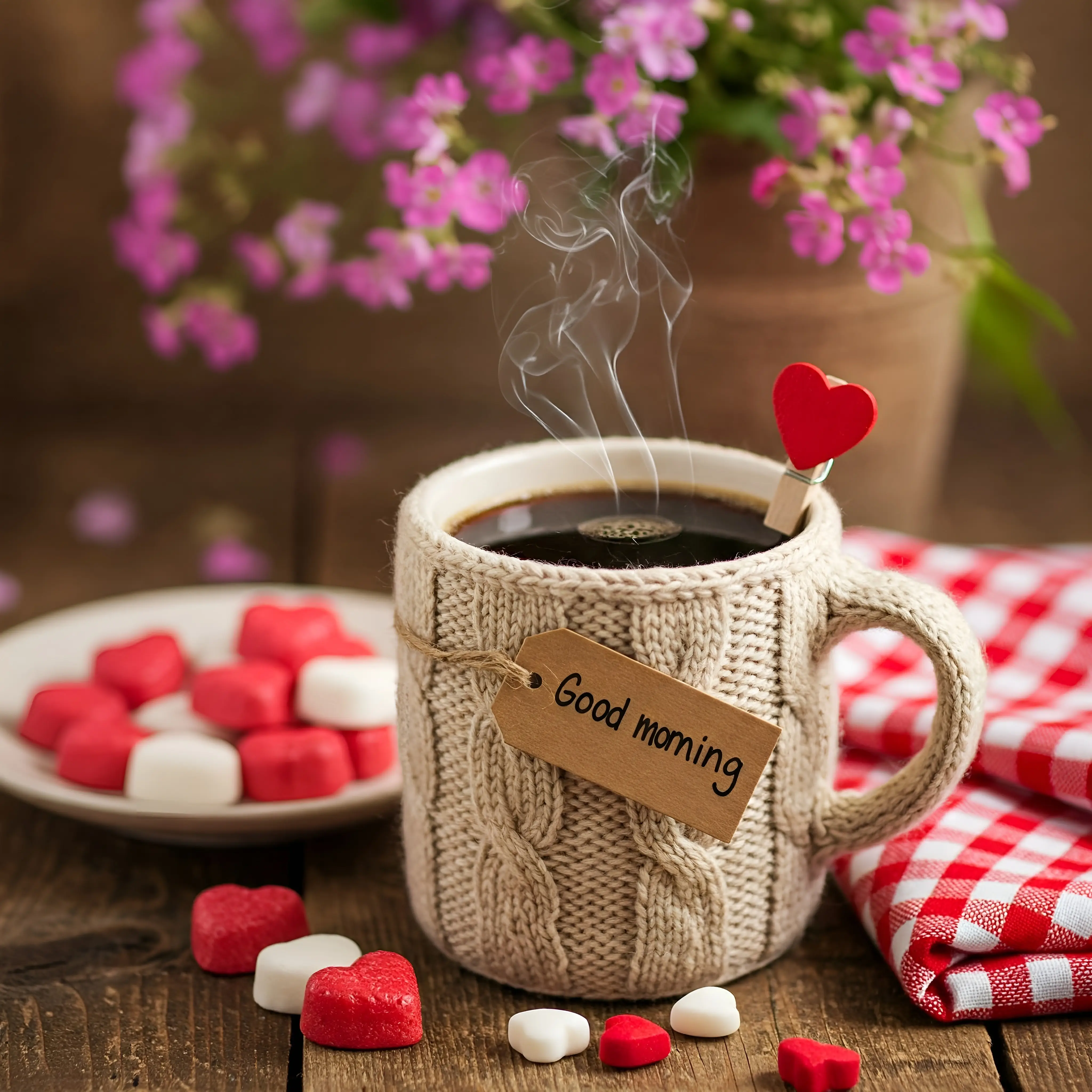 Cozy Morning Coffee With Heart Candies and Spring Flower Decor