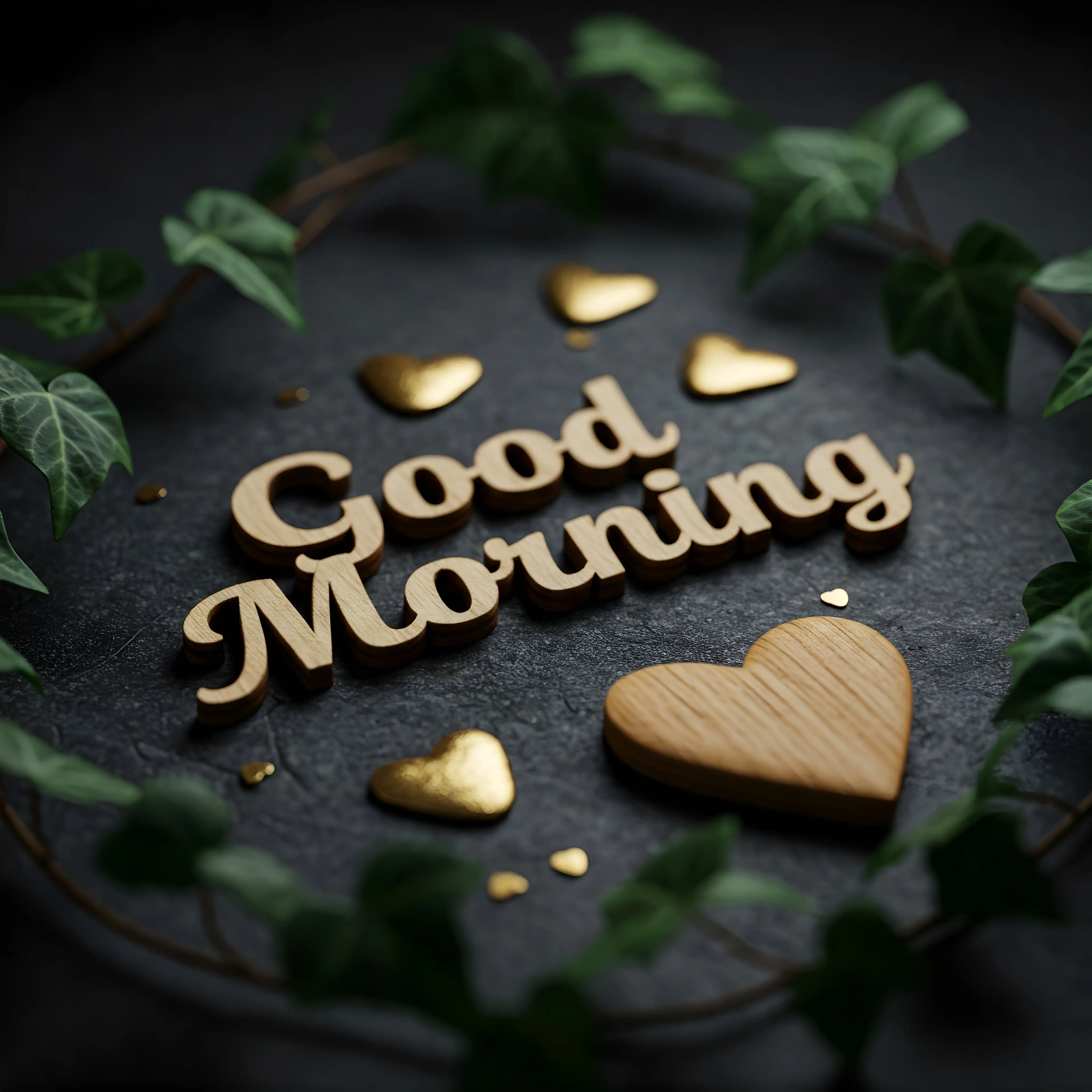 Heartwarming Good Morning Wooden Decor Surrounded by Greenery and Golden Details