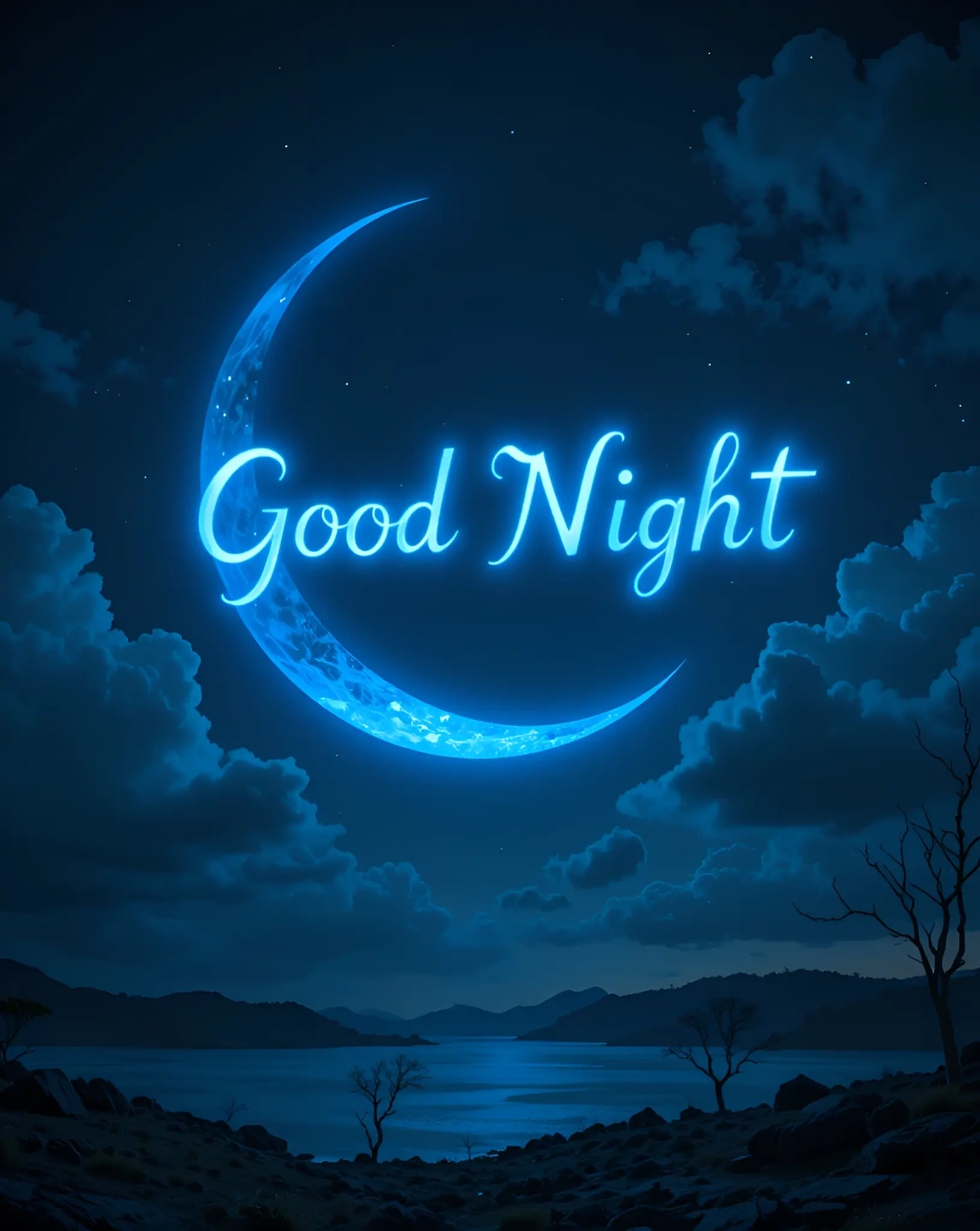 Mystical Night Sky with Crescent Moon and Good Night Text