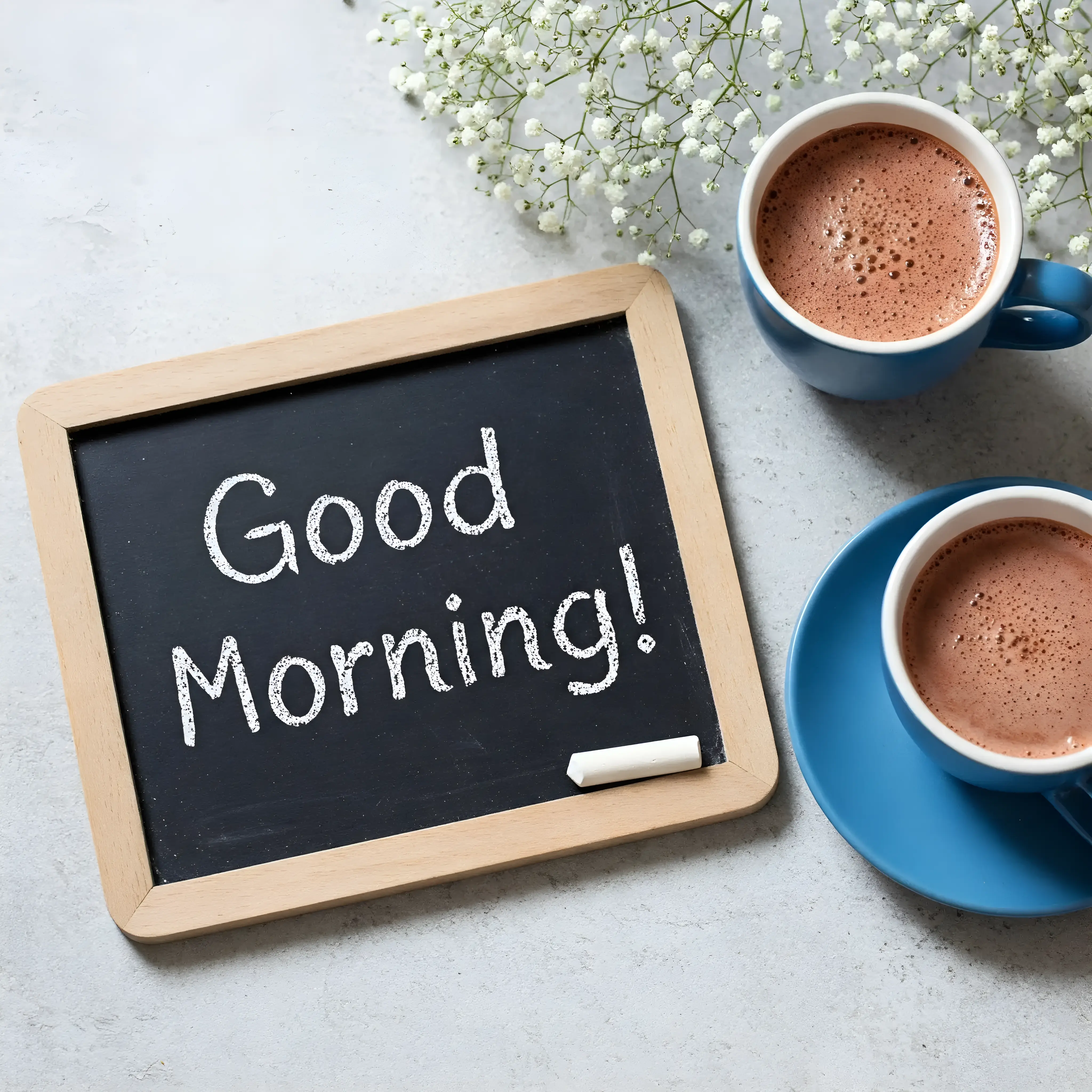 Chalkboard Greeting with Coffee Cups and Floral Decoration