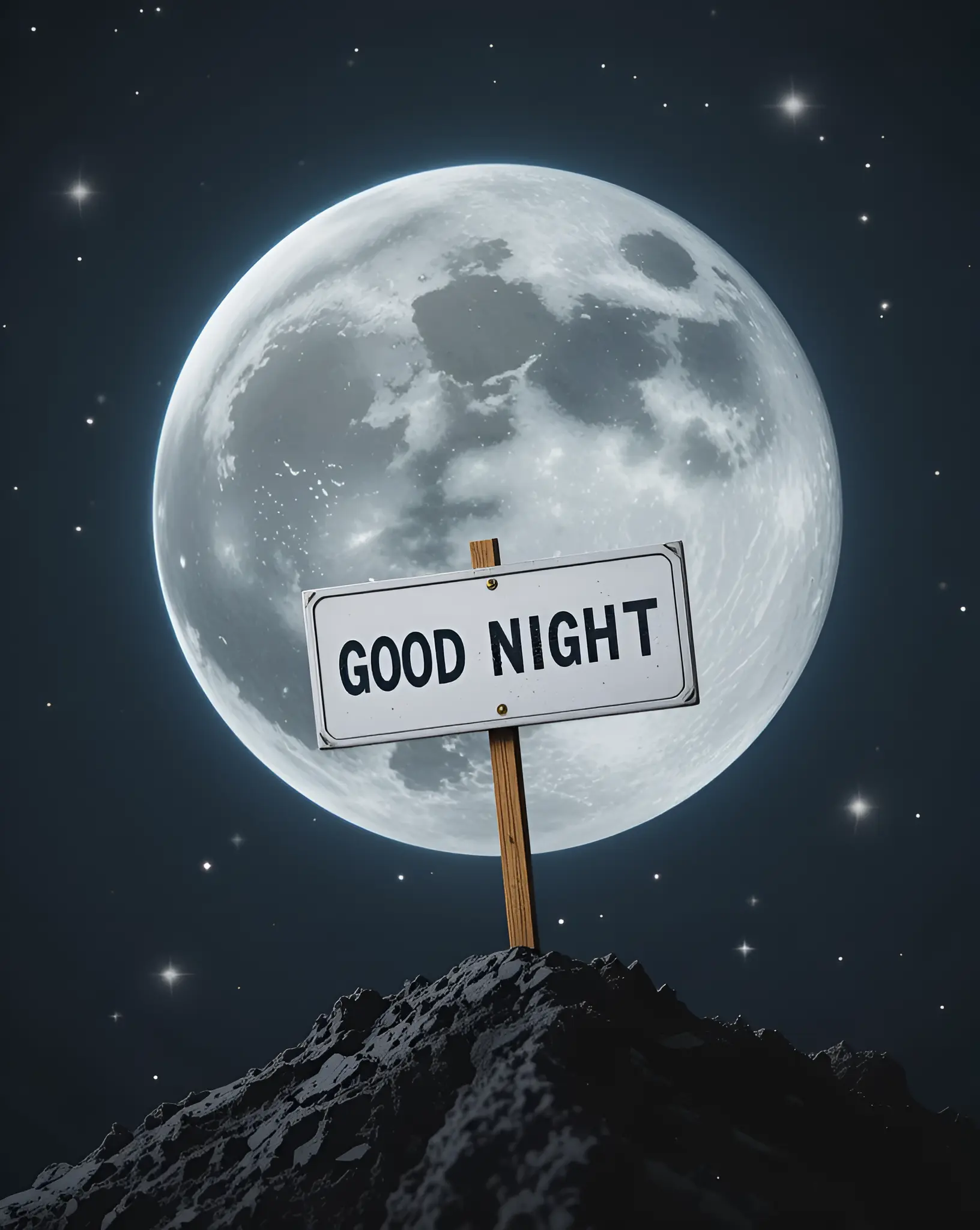 Full Moon Night with 'Good Night' Sign on Rocky Landscape