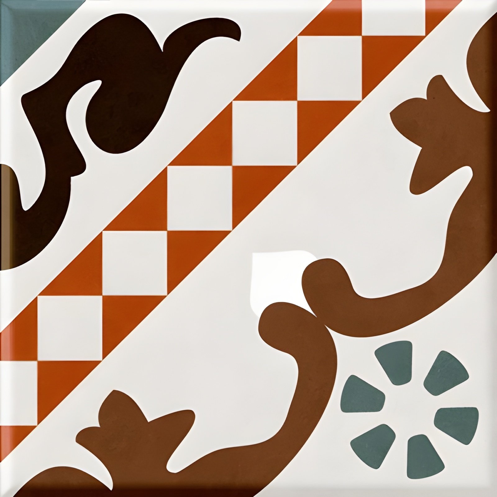 Abstract Decorative Pattern With Diagonal Checkered Stripe And Floral Motifs In Warm Tones