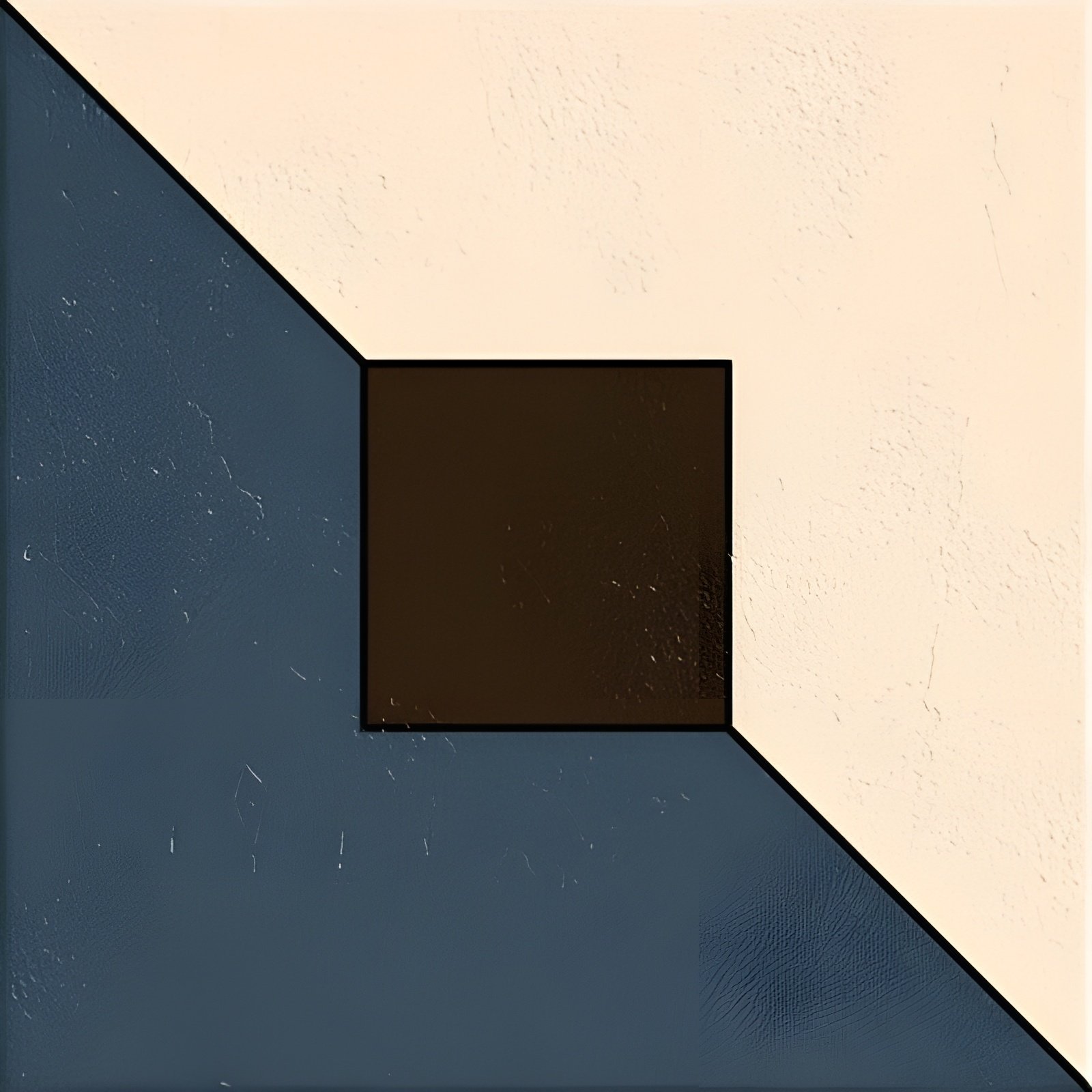 Abstract Geometric Composition With Blue Angles And Brown Square Cutout On Light Wall