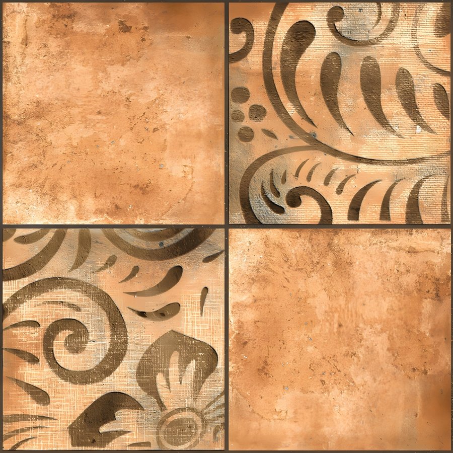 Abstract Scrollwork Terracotta Four Panel Tile