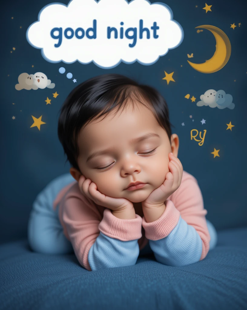 Adorable Baby Sleeping Peacefully with Dreamy Nighttime Sky Illustrations