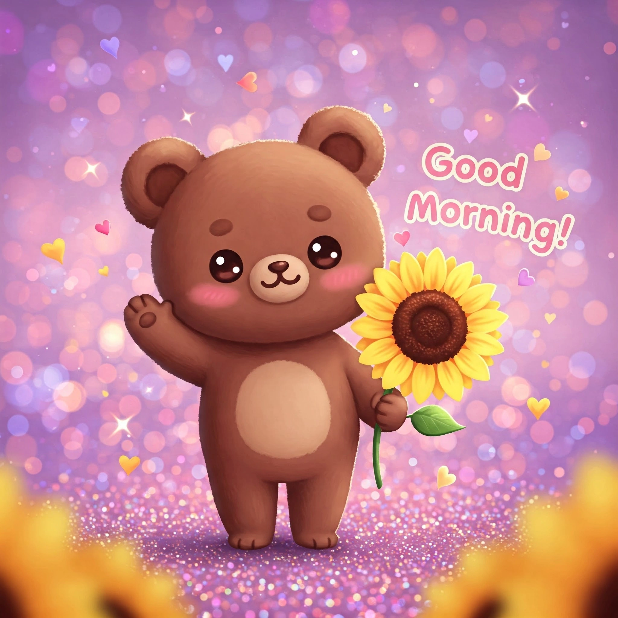 Adorable Cartoon Bear Waving Good Morning Holding a Sunflower