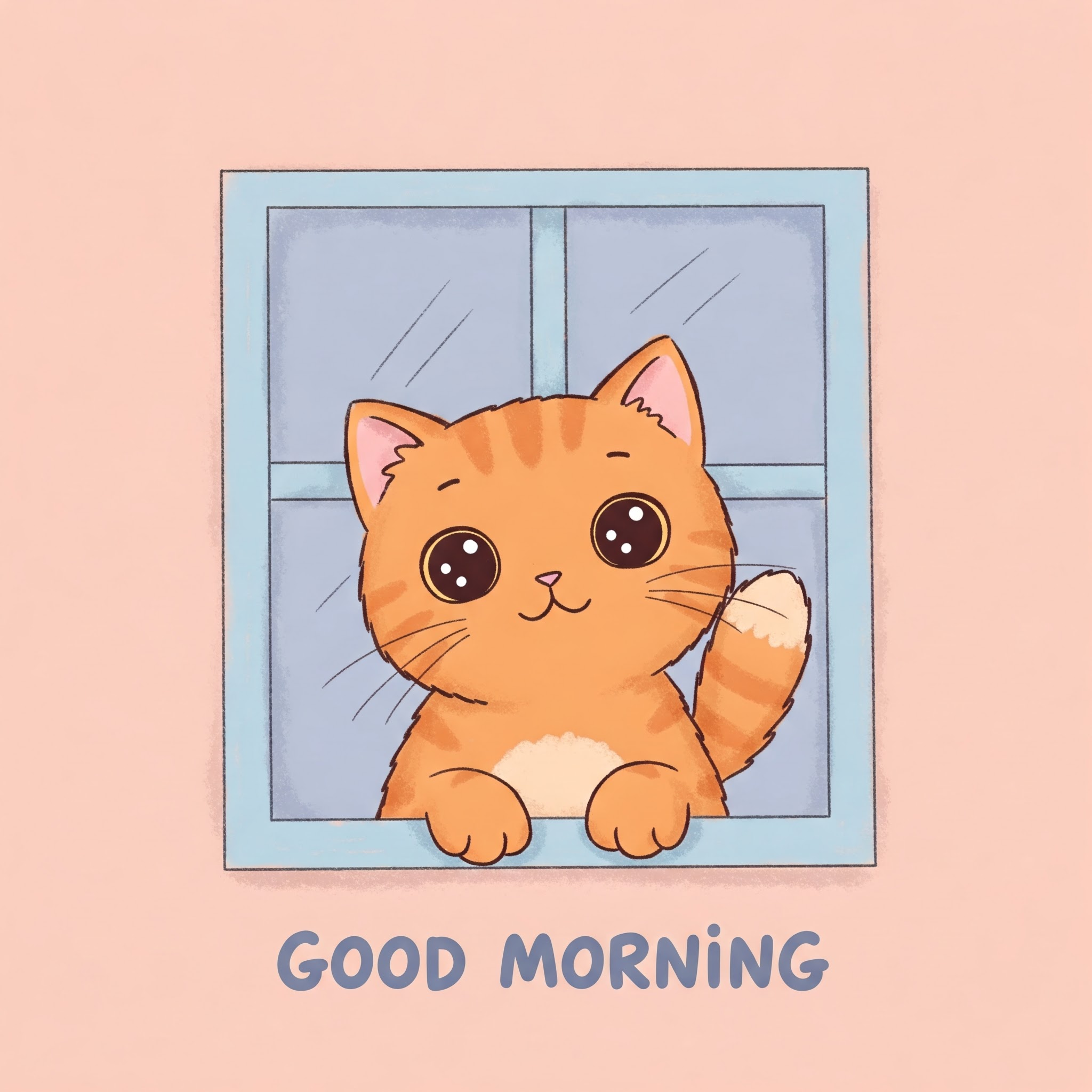 Adorable Cartoon Cat Waving by a Window Greeting Good Morning