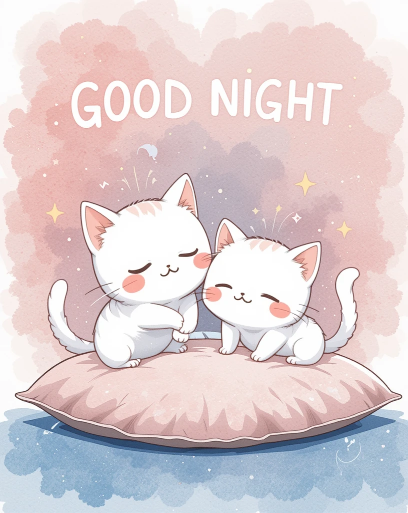 Adorable Cats Relaxing on a Pillow With a Good Night Message