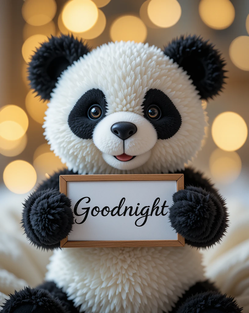 Adorable Panda Holding Goodnight Sign with Warm Bokeh Background