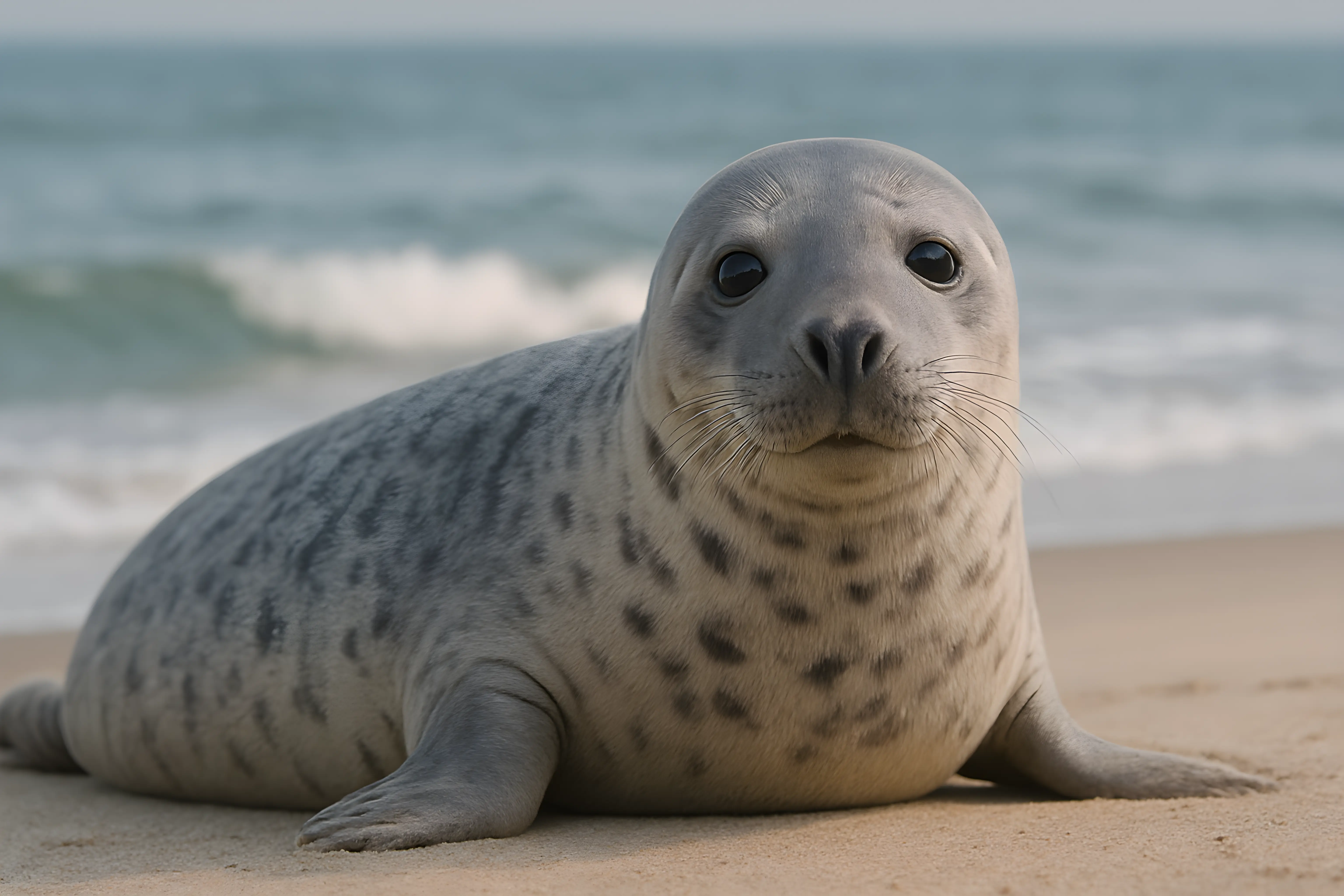 Adorable Seal Resting on a Sandy Beach by the Ocean Waves