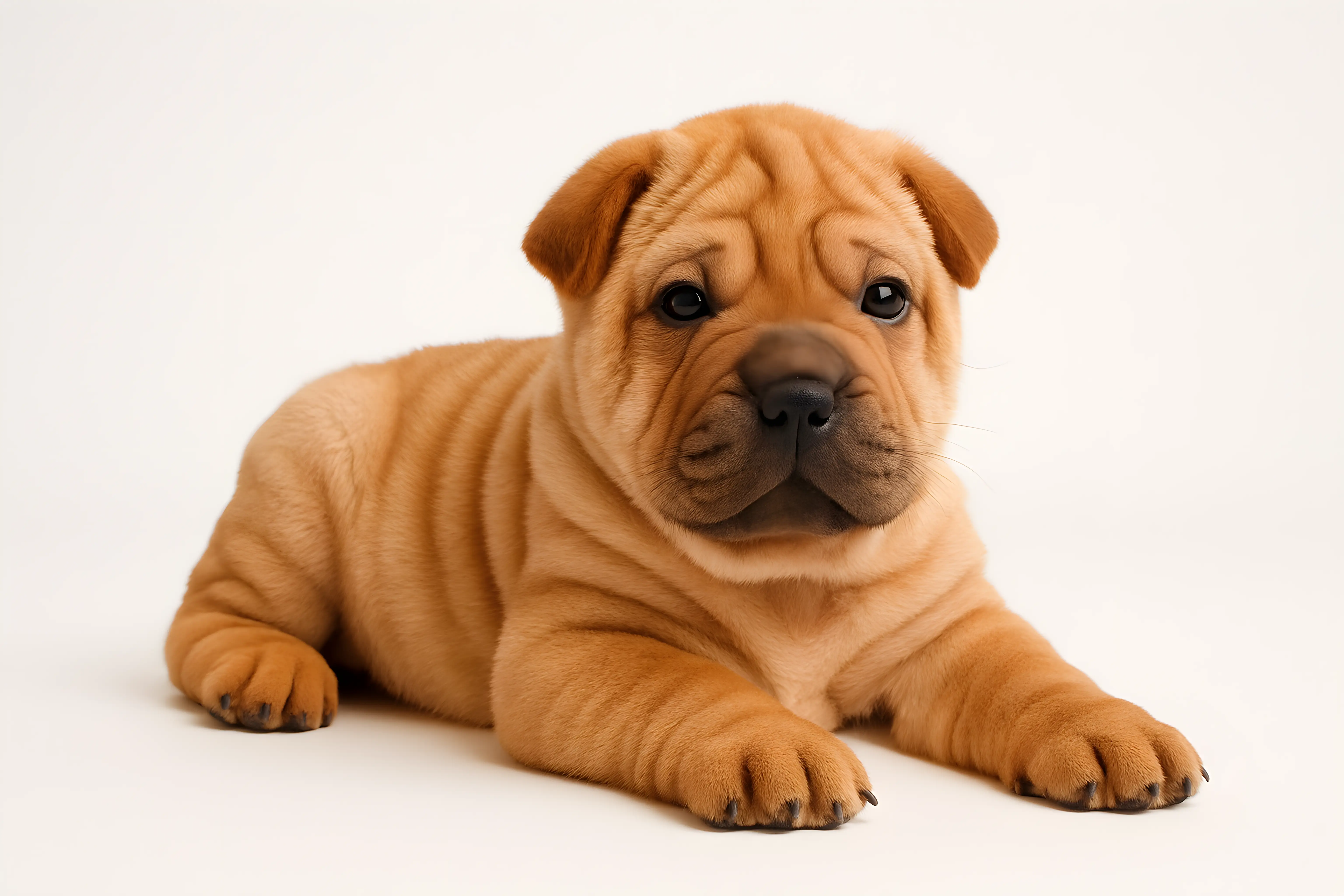 Adorable Shar-Pei Puppy Relaxing on a Light Background, Close-Up Portrait
