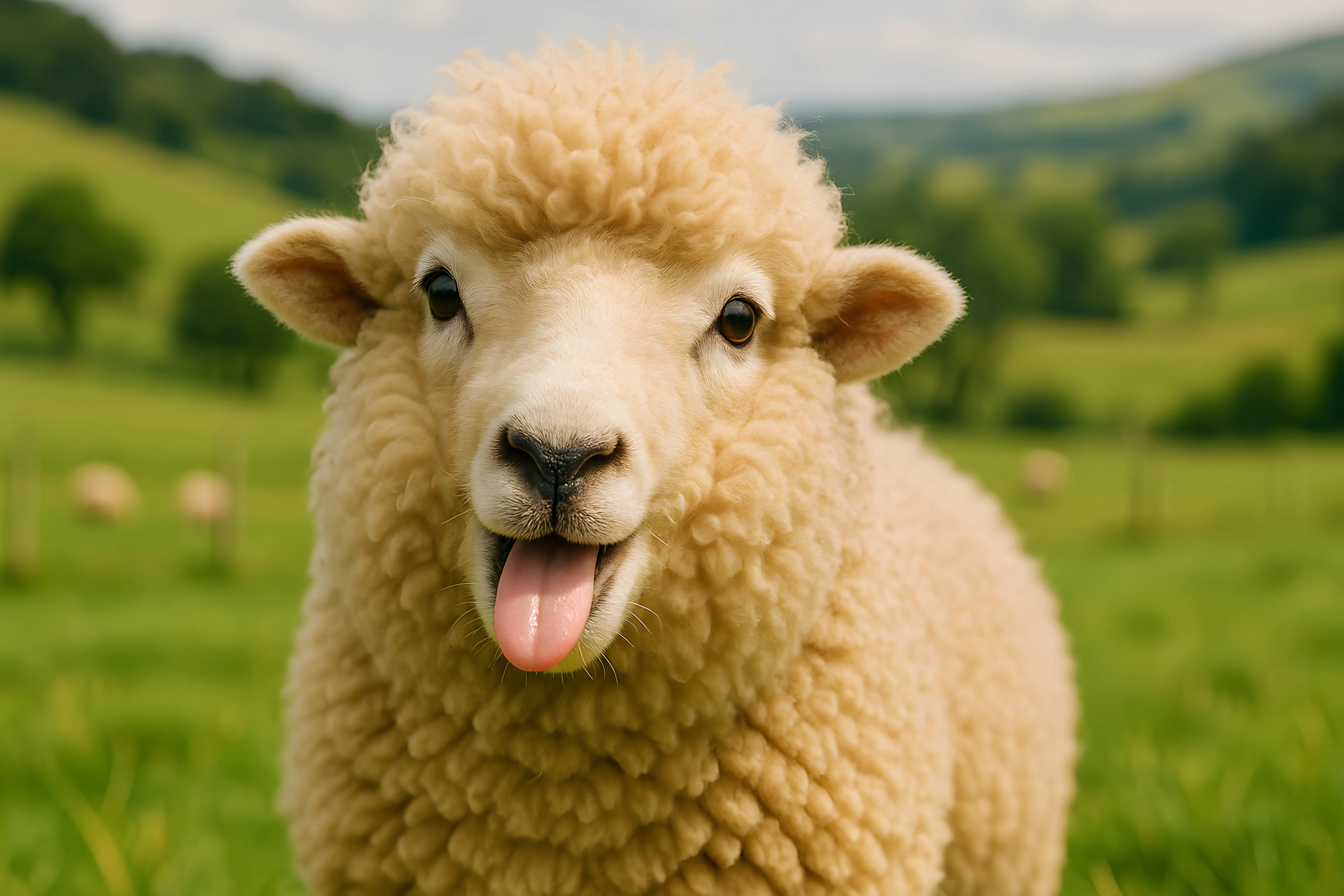 Adorable Sheep Sticking Out Tongue in a Lush Green Pasture