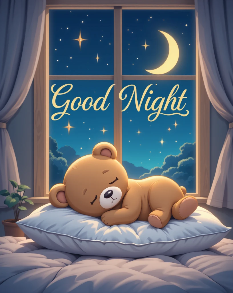 Adorable Sleeping Teddy Bear With a Good Night Moonlit Window Scene