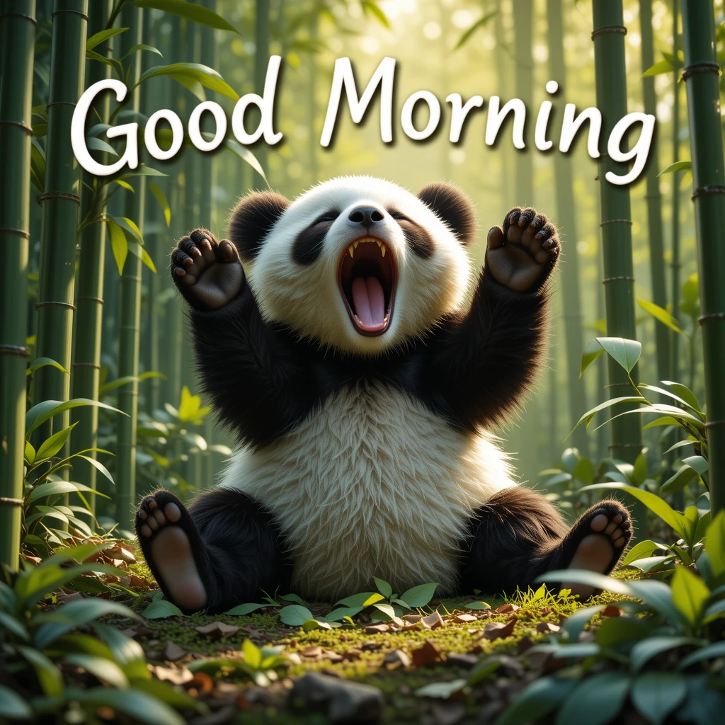 Adorable Smiling Panda in Bamboo Forest With Inspirational Good Morning Text