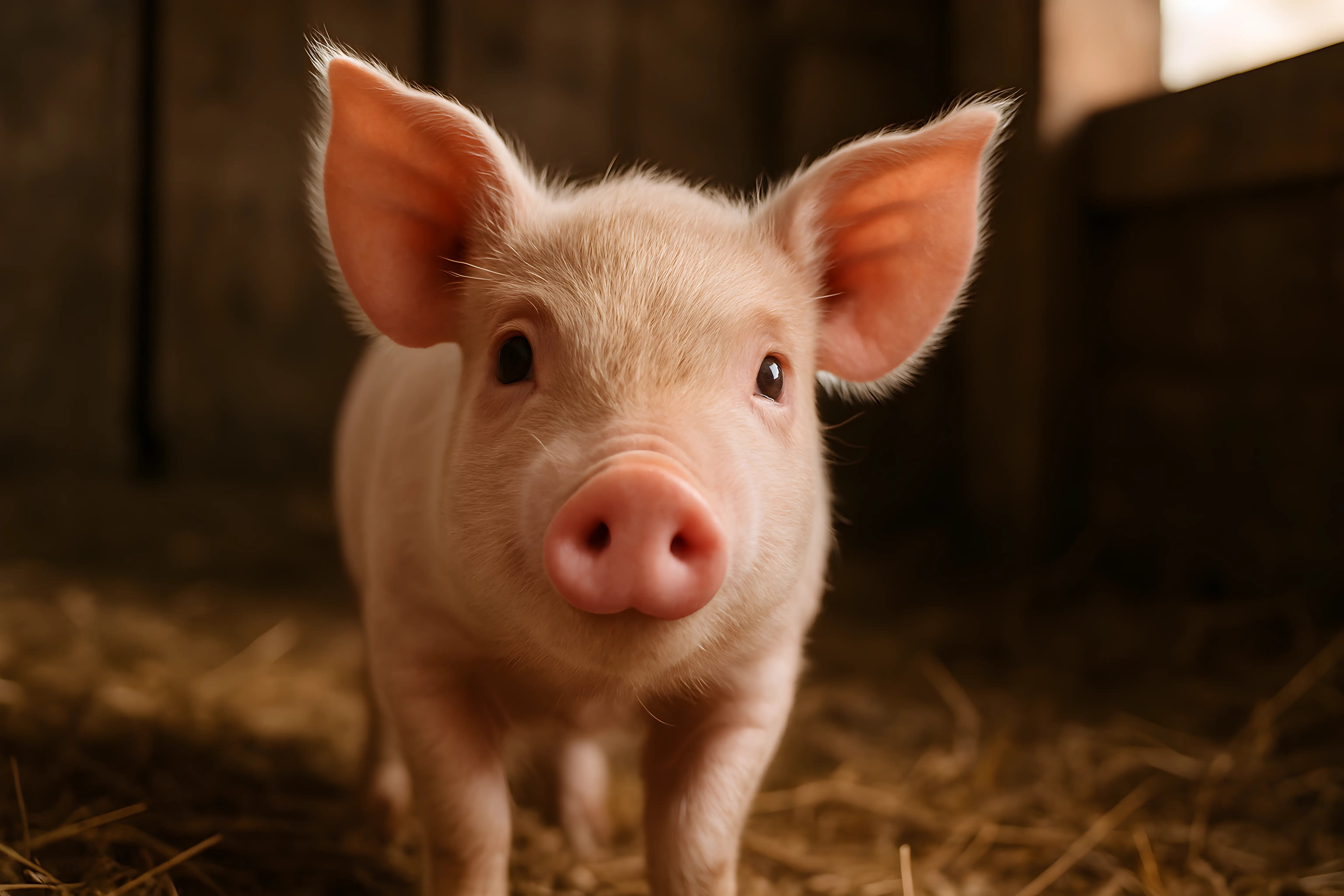 Adorable Young Piglet in a Cozy Barn with Warm Lighting