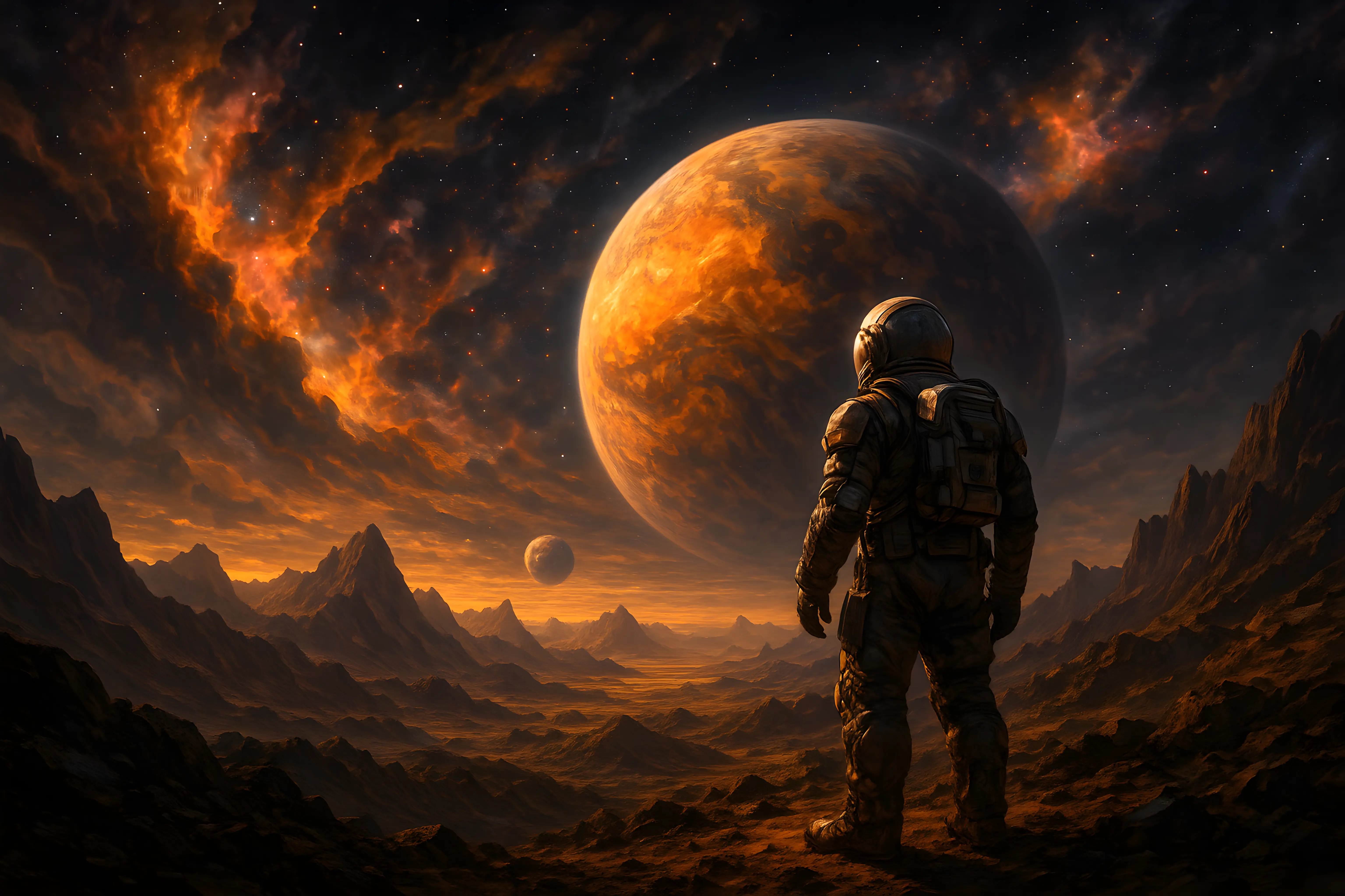 Astronaut Exploring an Alien World with Bright Planets and Mountains