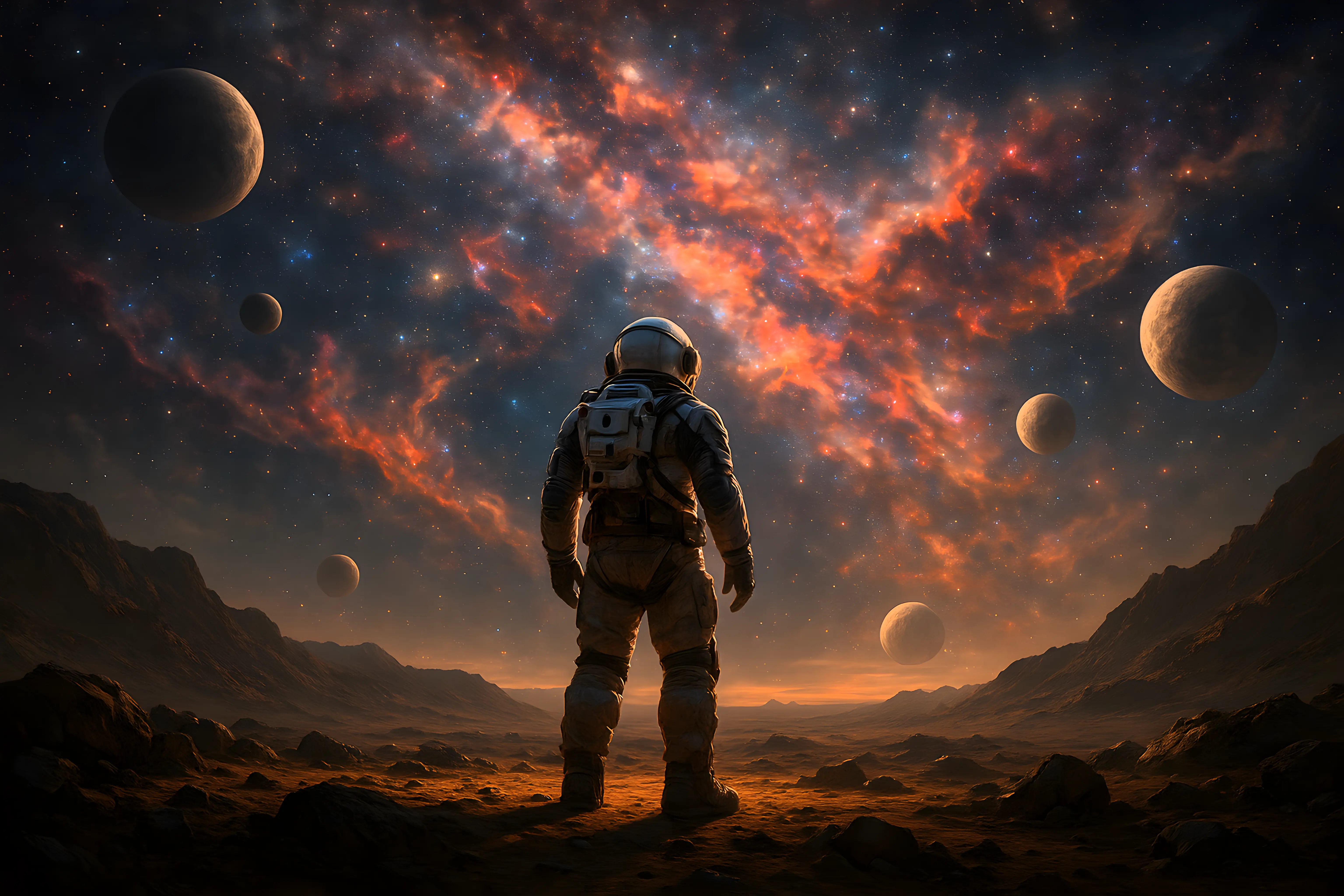 Astronaut Gazing at a Cosmic Sky with Planets on an Alien Landscape