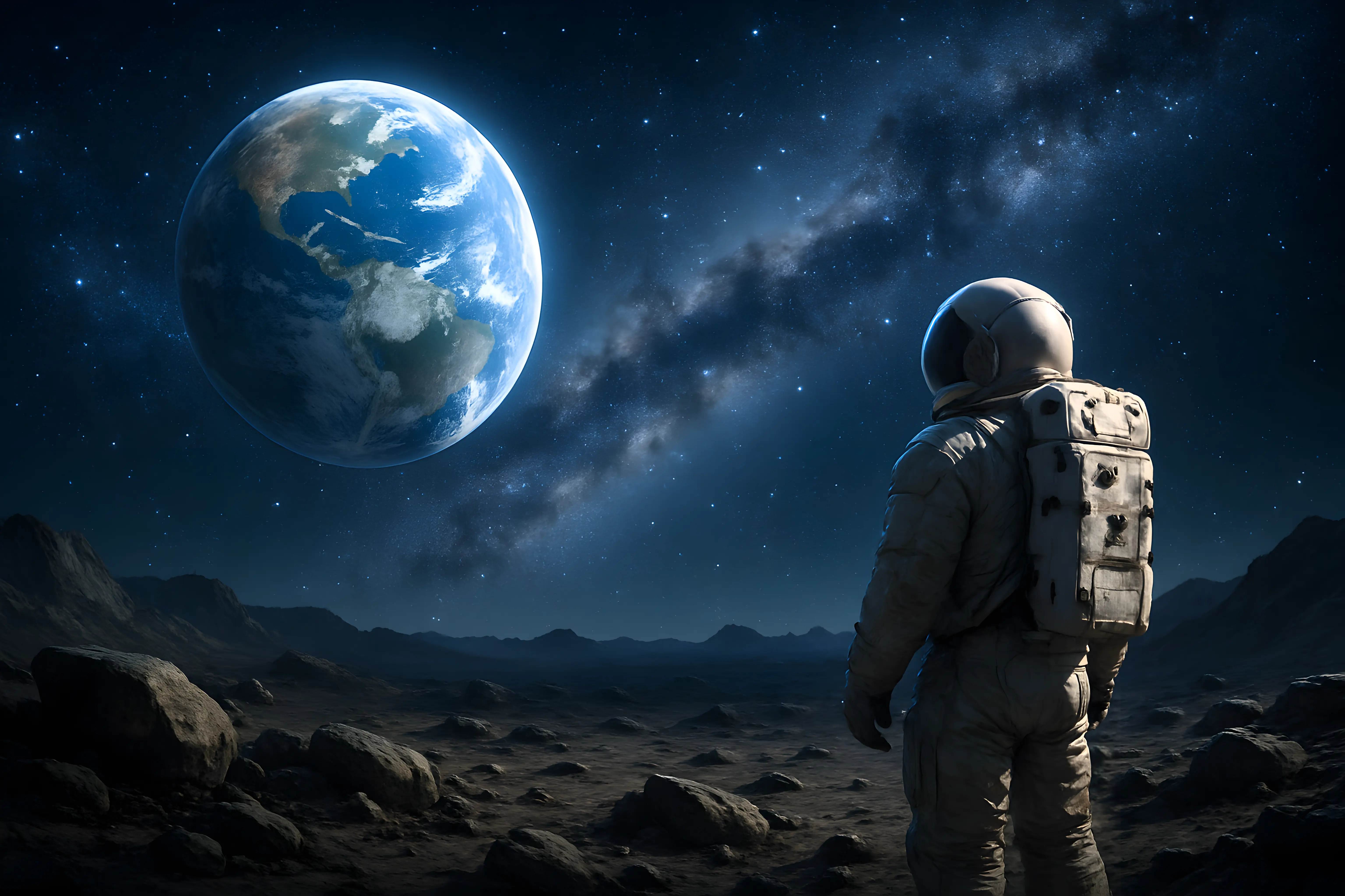 Astronaut Observing Earth From Lunar Surface Under Starry Night Sky