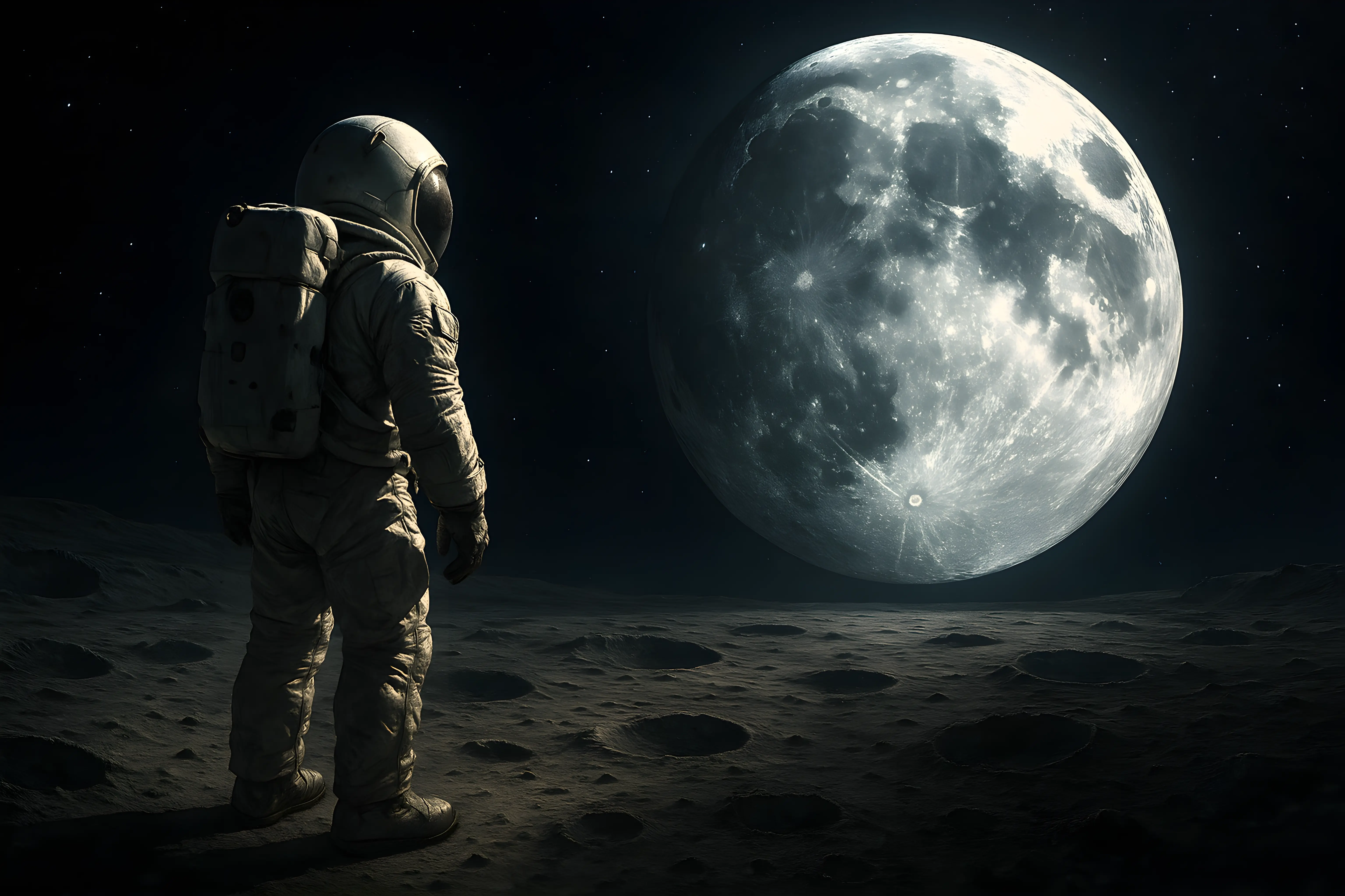 Astronaut Standing on Lunar Surface Under Full Moon at Night