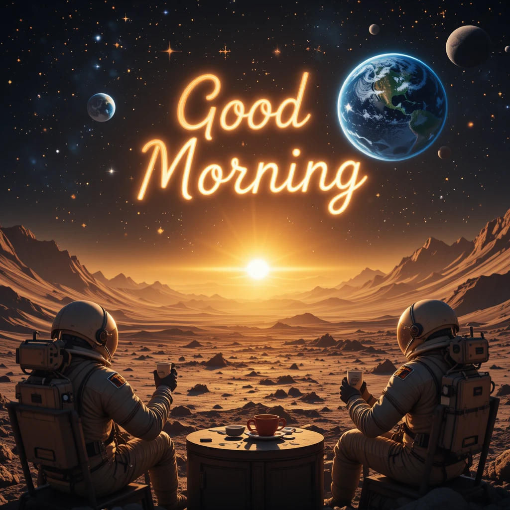 Astronauts Enjoying Morning Coffee on an Alien Planet with Earth View
