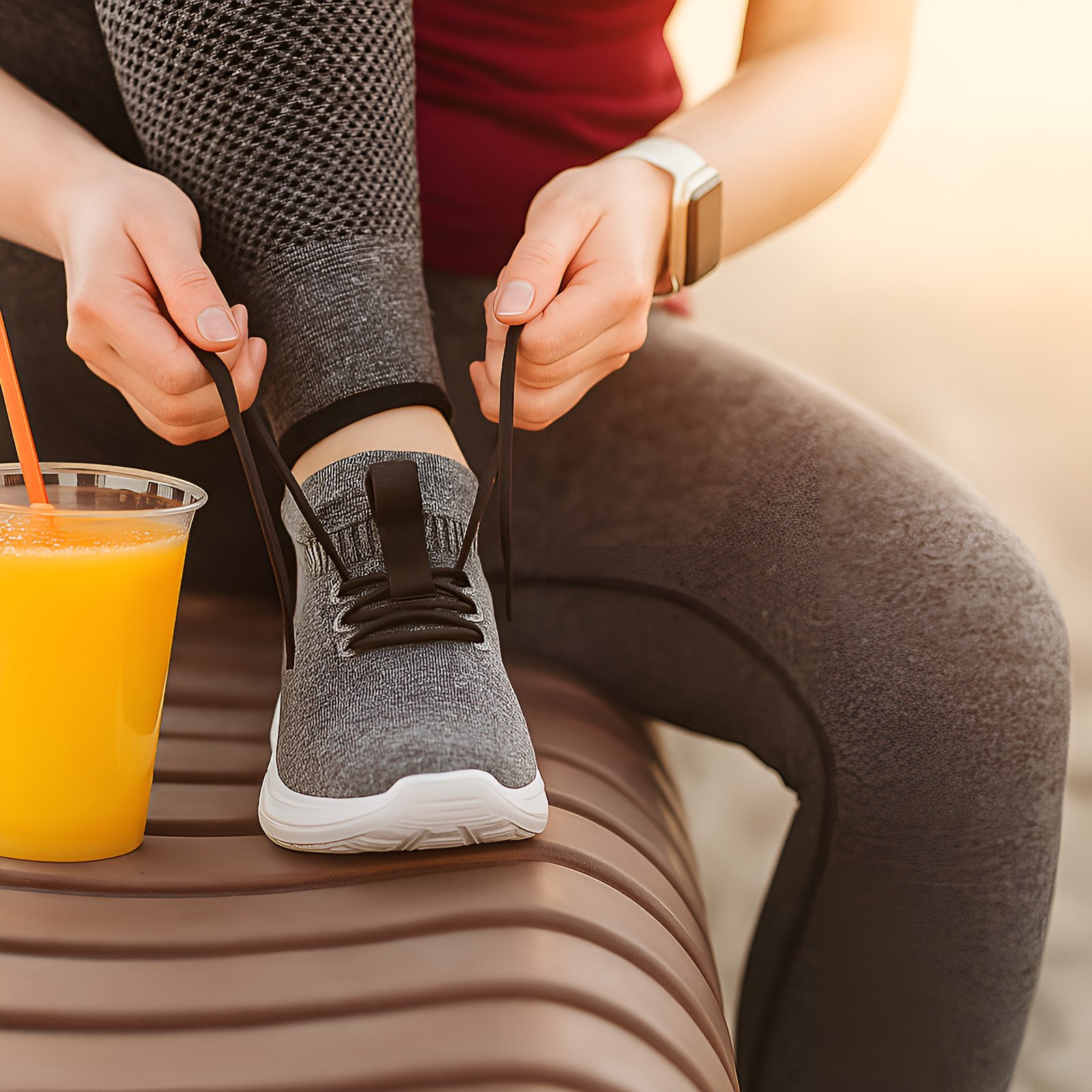 Athletic Woman Tying Shoelaces Before Exercise with Refreshing Orange Juice Nearby