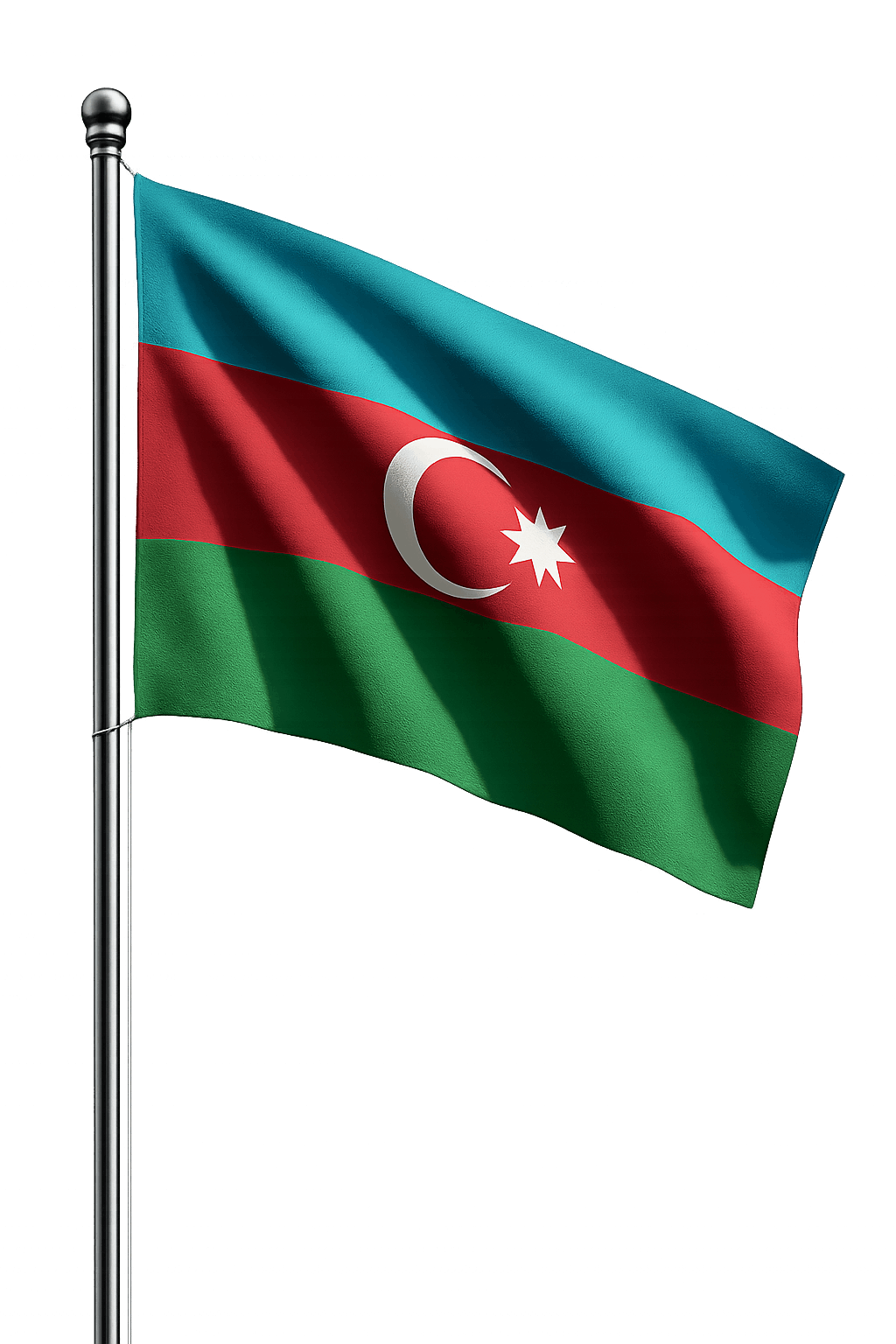Azerbaijan National Flag Flying on Pole Transparent Background