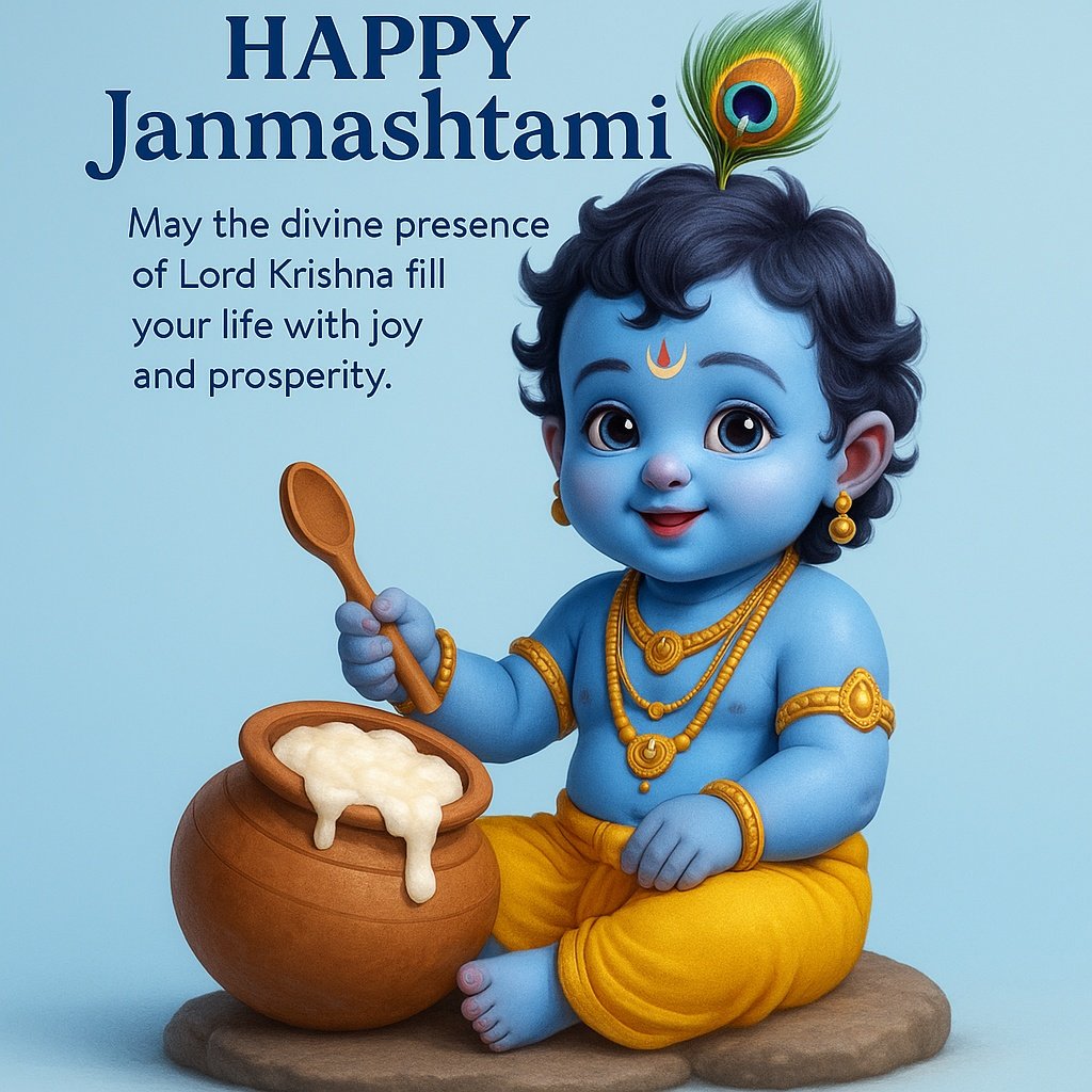 Baby Lord Krishna Celebrating Janmashtami with Butter Pot and Peacock Feather