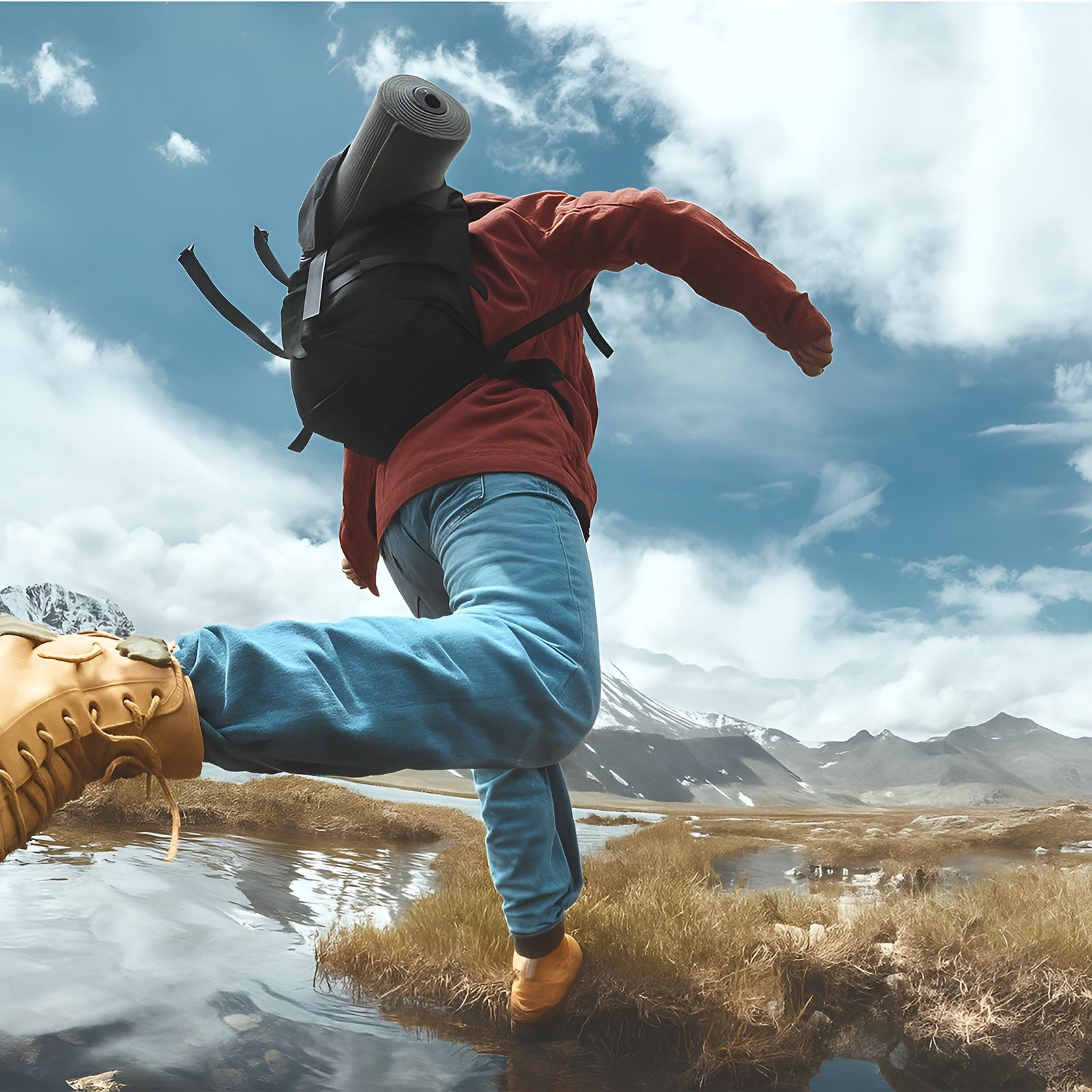 Backpacker Jumping Across a Stream in Wild Mountain Landscape