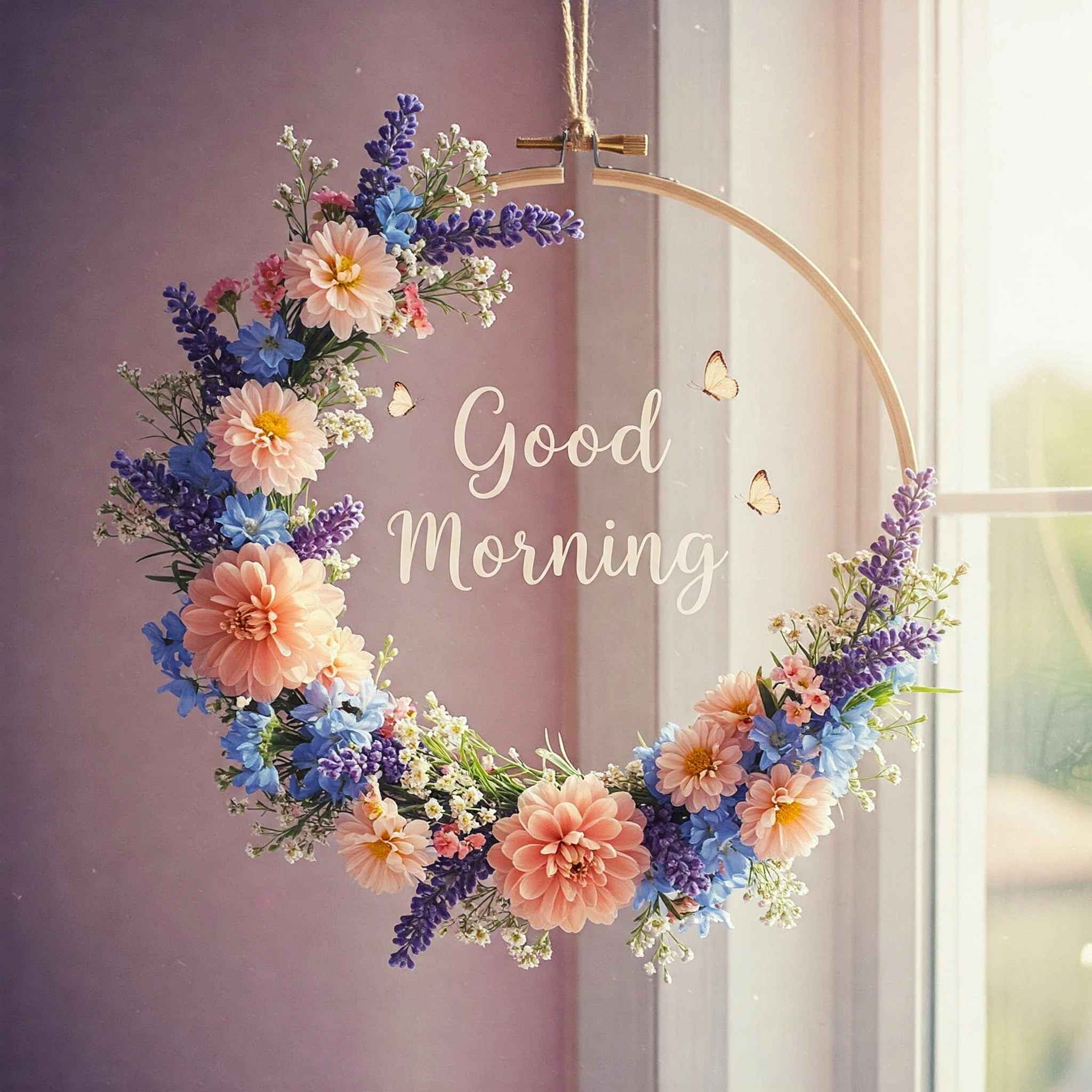 Beautiful Floral Wreath with Good Morning Text by a Sunlit Window